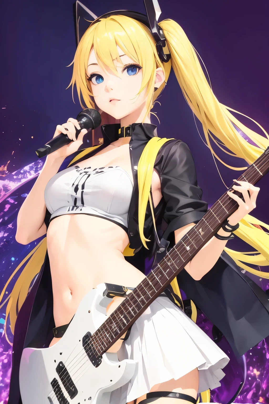 masterpiece, top quality 16k raw photo of Vocaloid3 Lily posing with guitar, blond hair blue eyes. navel look white skirt. hand behind her head.