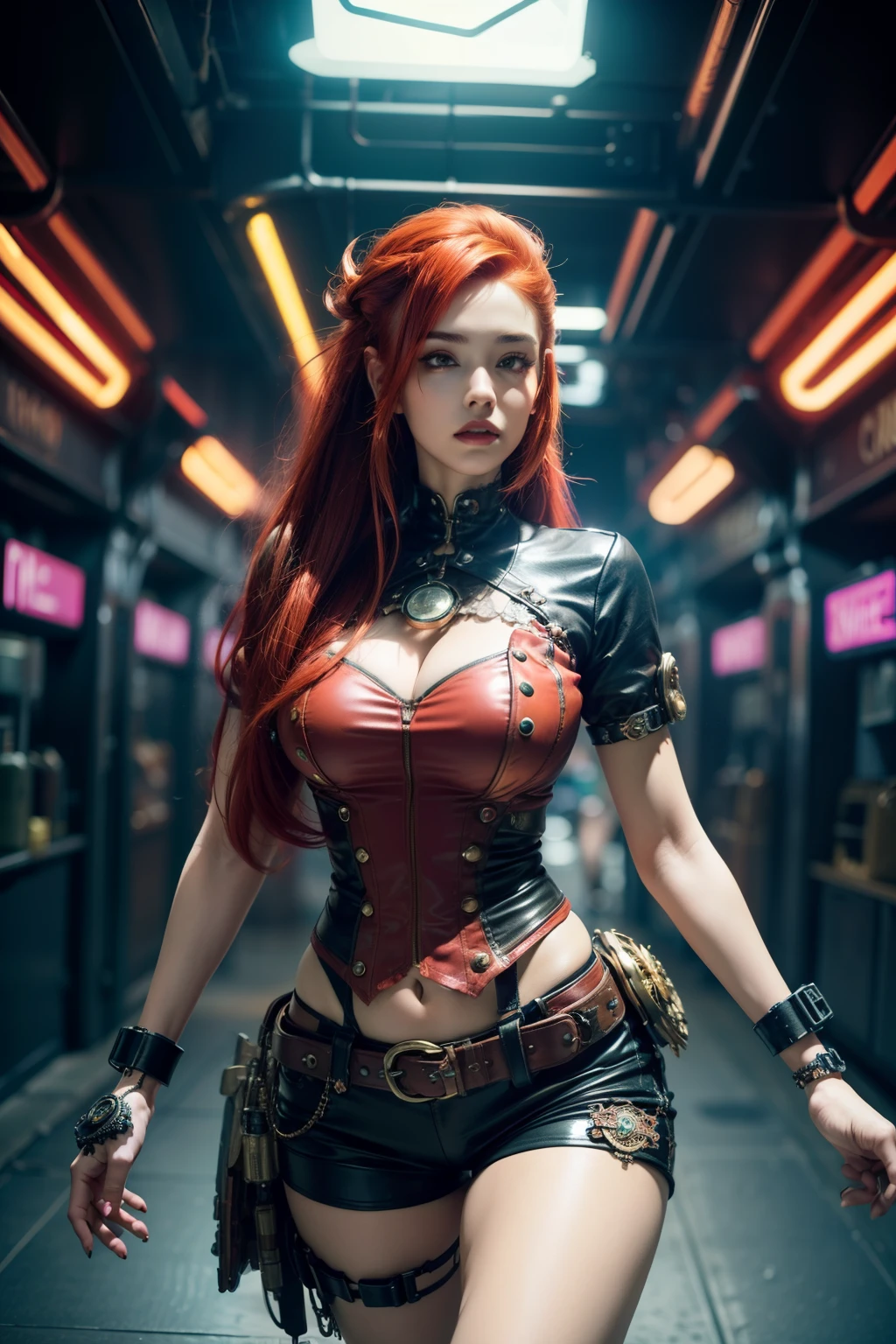 a very beautiful woman in detailed shorts and t-shirt, petite figure, steampunk objects, (((ciberpunk neon details))), futuristic victorian style clothes, shy, gravity dash inspiration, expert high detail, (((wild red hair))), ciberpunk and steampunk mix, sexy pose, curvy, futuristic army clothes, futuristic weapon, abstract background with flowers details, hyper detailed background