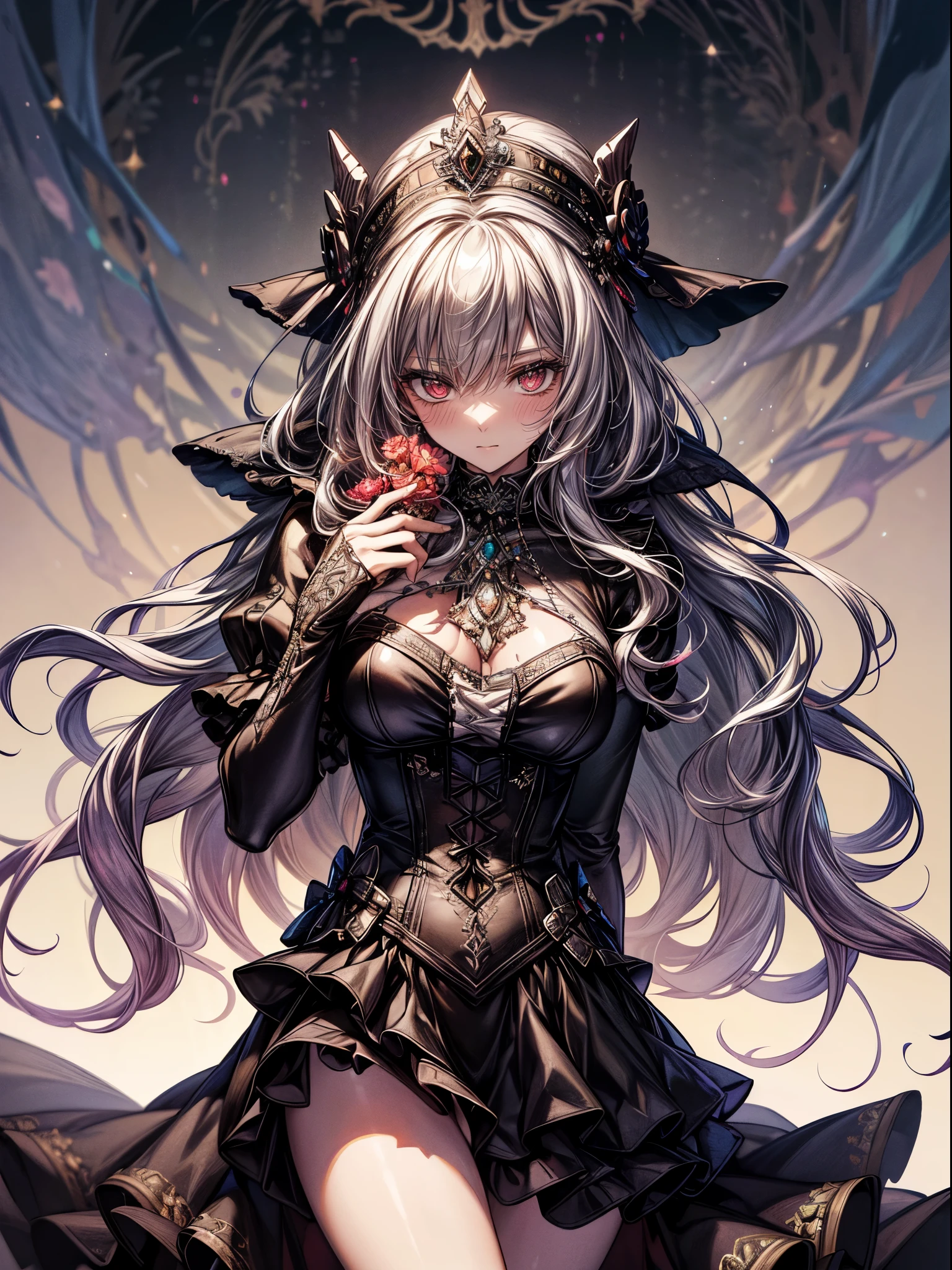 fine illustration,ultra detailed,highres,from below,cool beauty,gramer woman, cute pose,gothic_ dress,silver_glistening long hair, queen, world, crystals flowers,detailed bodysuit with glittery kaleido decoration, detailed layered skirt, detailed embroidery, extremely layered frills, detailed texture, detailed pattern,slender and beautiful legs,