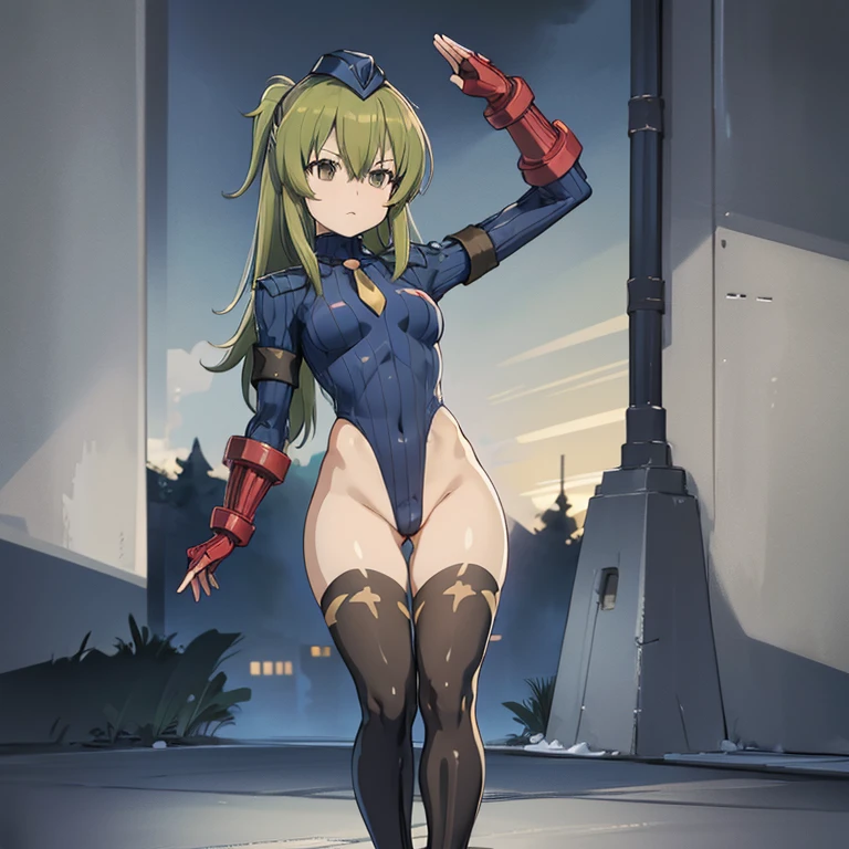 ultra-detailed, Explicit, Beautiful body, Beautiful Nose, Beautiful character design, perfect eyes, perfect face, ultra highres, 4K, beautiful legs, perfect legs, Nice hands, Perfect hand, Masterpiece, Best Quality, Highly detailed, illustration, absurdres, street fighter, doll suit, shadaloo doll, dollsuit, expressionless, blank eyes, looking at viewer, red gloves, emotionless, black latex, corrution, mind control, female combatant, full body, hypnotized, unhappy trance, full body suit, ribbed bodysuit, both arms at side, obey, perfect female body, extremely glossy latex, hypnosis, hypnoLora, empty eyes, Mind control device, poses, submissive_pose, Slave, hat, necktie, stand up straight, standing, standing at attention, hat, necktie, belt, latex, ribbed bodysuit, thighhighs, garter belt, Fighting Stance, extending the right arm from the shoulder into the air with a straightened hand, nazi saluting, military, military saluting, salute, thigh boots, 1girl, Yukihira Itsuka, Deaimon, green hair, amber eyes, long hair