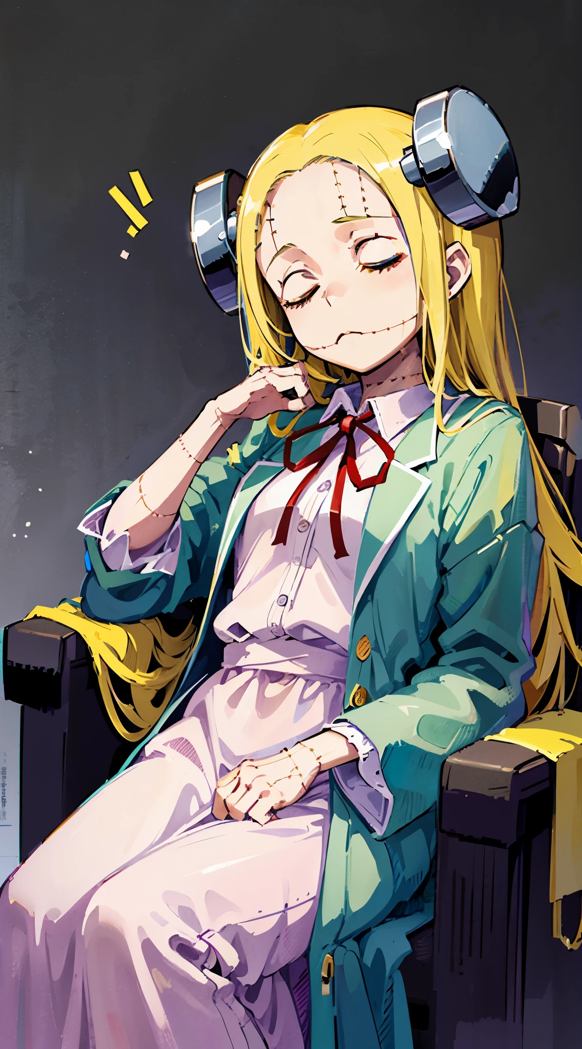 Madaraki_Fran,A girl ,Sits,awkward,the madhatter ,surgeon'white robe ,wrinkles,((Sleepy)), hairlong,first eye closed , the second one is open , yellow hair,seams , Scars on the body , , bags under eyes, ((((Tired))))