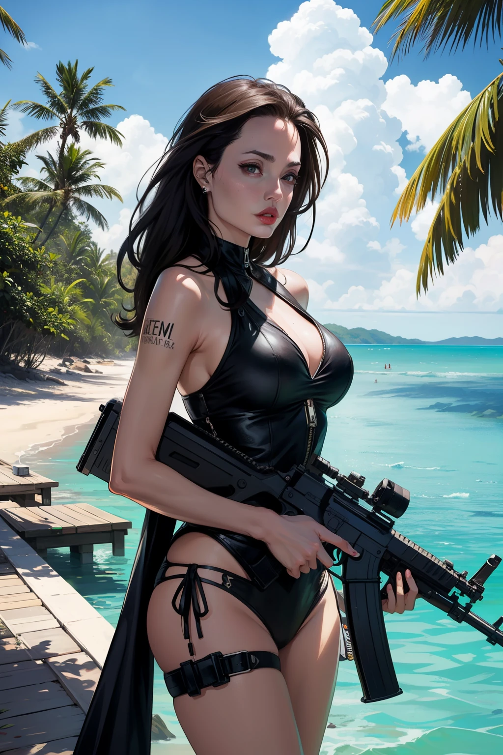 Woman with two submachine guns on a paradise island. Tem o rosto de Angelina Jolie.