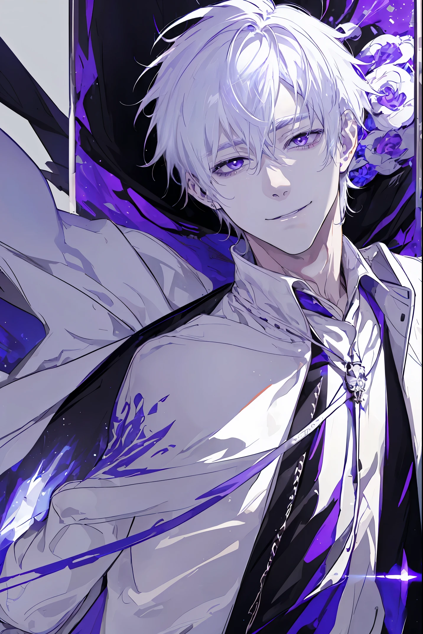 1guy、white haired、purple-white eyes、maniacal smile、Short Messy Hair、Portrait 、a handsome, black cloak, I can'I can'I can'I can'I can't see my hand