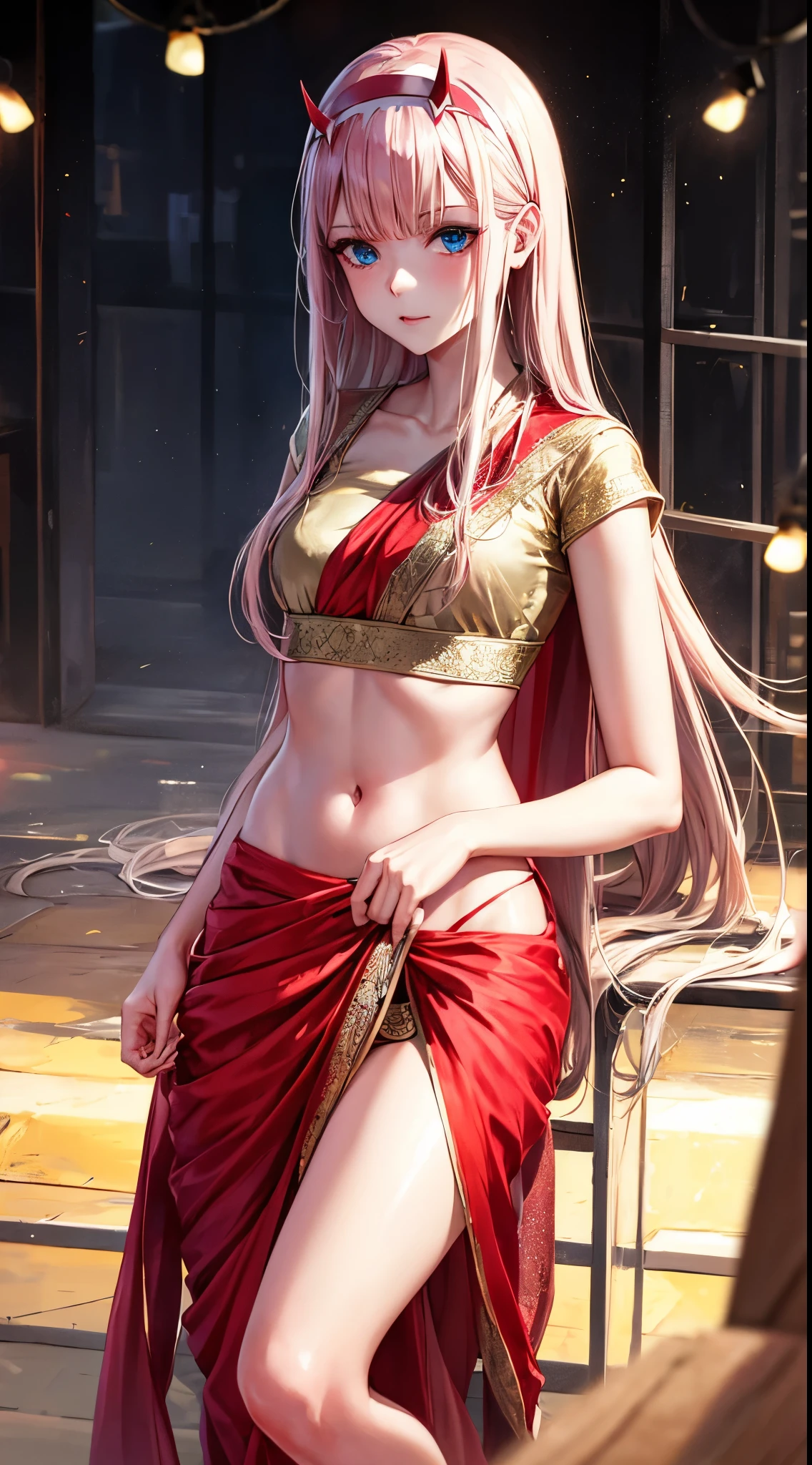 zero_two, long hair, horns, hairband, white hairband, medium breasts, very long hair, straight hair, red horns, blue eyes,((wearing a saree))