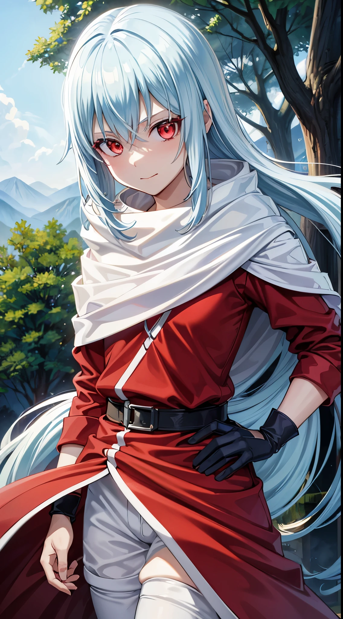 (an adult tensei shitara slime anime character) Rimuru Tempest, with prominent and piercing eyes of a (((scarlet red))), which exude an aura of cold determination and a sharp intelligence, (Hair is light blue heavenly), flowing and smooth, framing a face with delicate features and a neutral mouth, without a trace of a smile, cold smile, cold gaze, reflecting an unshakable personality and an indomitable spirit, The white hood that covers the character's head adds a touch of mystery and nobility, complementing its enigmatic and powerful presence, full-length character, in the forest, white skin