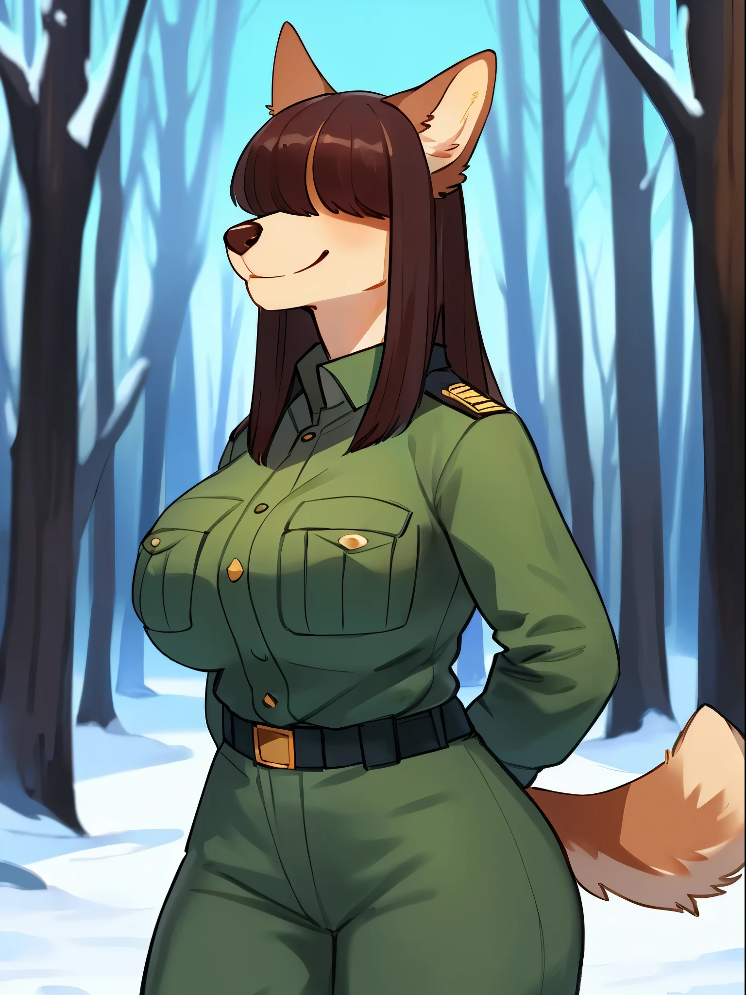 By bebebebebe, by lostgoose, by goonie-san, female, ((canine, snout, hair covering eyes, straight hair, medium hair, flat hair, ears, thin snout)), brown fur, big poofy tail, raised tail, dark maroon hair, (muscular, big breasts), solo, (tan and green park ranger uniform), (winter, forest), smiling