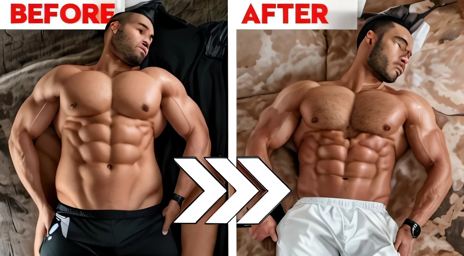 um homem deitado na cama com a barriga exposta antes e depois do treino, Pacote de 6 unidades ab, Pacote de 6 unidades, [ ABS rigidamente definido ]!!, abdominais cinzelados, [ inflexibly defined, amplo, broad and strong physique |, com abdominais, pacote de seiss, perfect symmetrical body, pacote de seis, pacote de seis, ripped to shreds