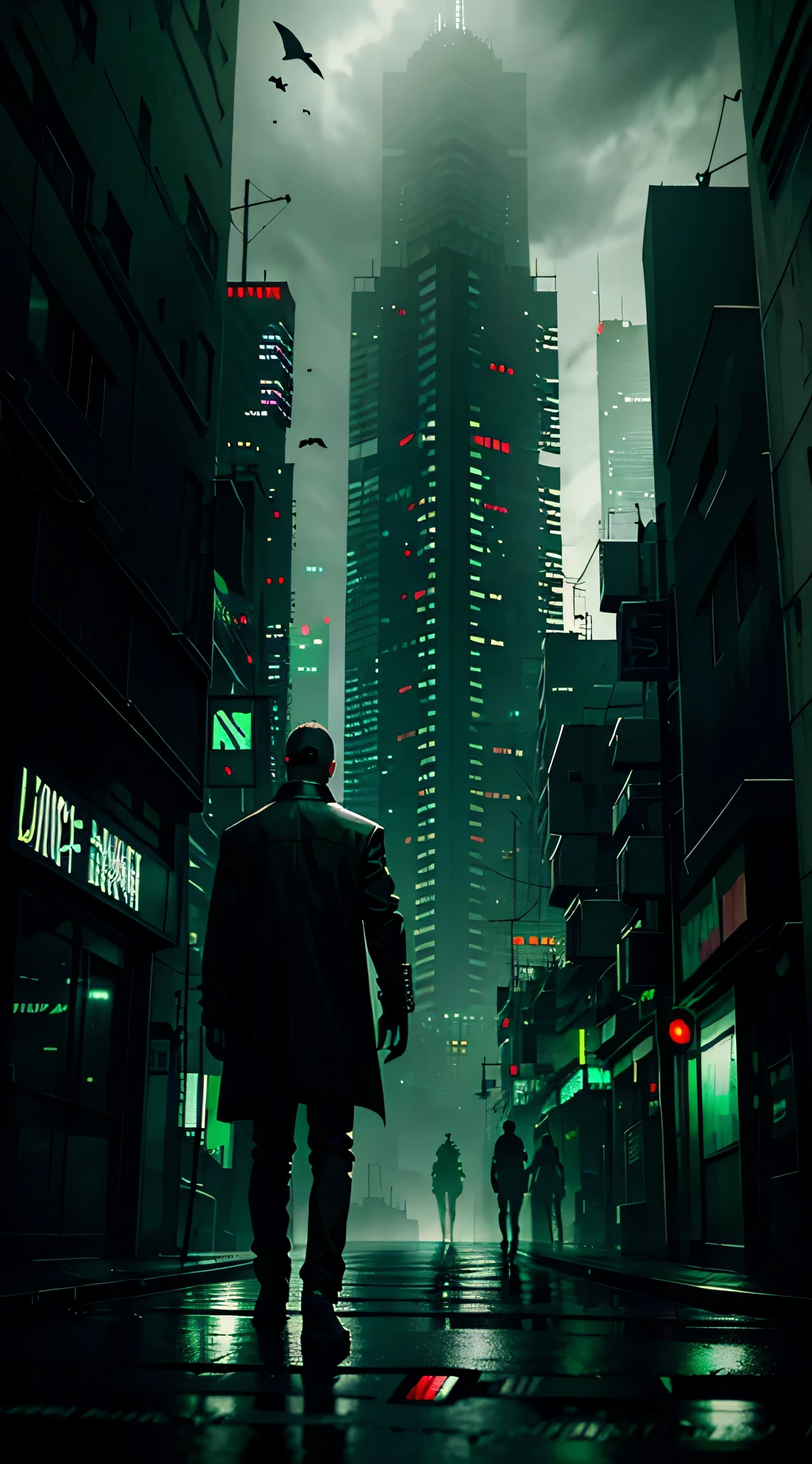 (Dark art), dark urban cyberpunk art, Lots of shadows, (Black Sky), ((dark green steel cityscape)), Black cloudy sky