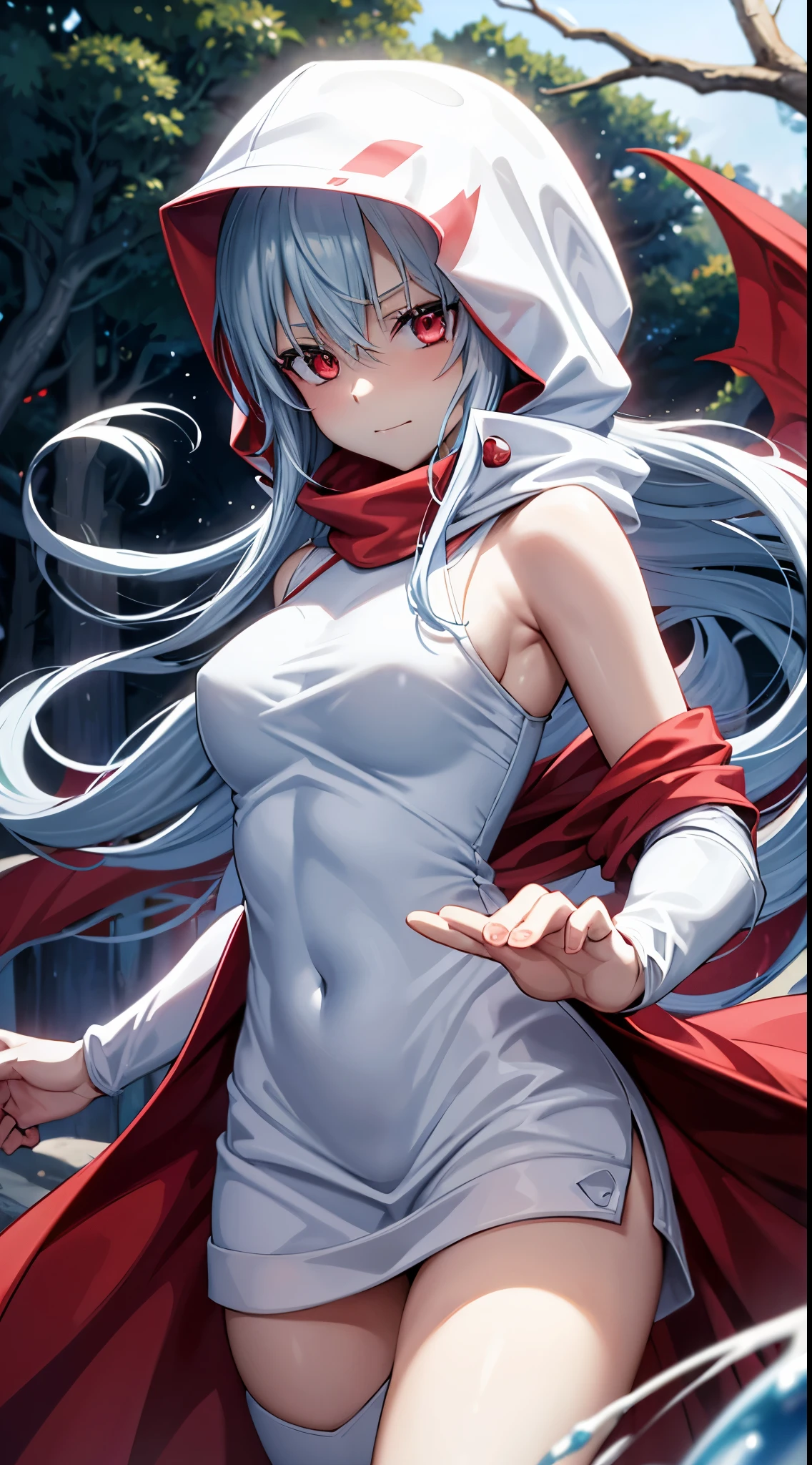 (an adult tensei shitara slime anime character) Rimuru Tempest, with prominent and piercing eyes of a (((scarlet red))), which exude an aura of cold determination and a sharp intelligence, (Hair is light blue heavenly), flowing and smooth, framing a face with delicate features and a neutral mouth, without a trace of a smile, cold smile, cold gaze, reflecting an unshakable personality and an indomitable spirit, The white hood that covers the character's head adds a touch of mystery and nobility, complementing its enigmatic and powerful presence, full-length character, in the forest, white skin