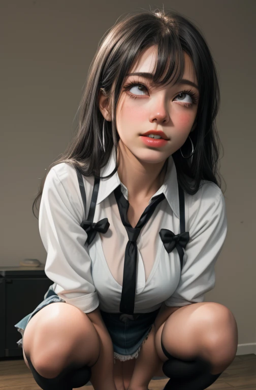 (full figure:1.1), (1 girl as yukino yukinoshita:1.5), highres, solo, big breasts, waist long black hair, (twintails:0.5), (pleated miniskirt:1.2), (black thighhigh socks:1.2), (loose red ribbon:1.2), (flipping skirt:1.5), (unbuttoned white shirt:1.4), (ahegao:1.5), green eyes, (rolling eyes:1.5), (torn clothes:1.5), naked breastss, spread legs, no panties, (squatting:1.1), legs wide open