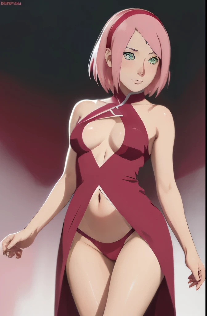Woman Zakura Haruno wearing sexy Christmas clothes pink hair green eyes small breasts slim legs blushing perfect face detailed eyes detailed voice image style anime style profile view leaning forward