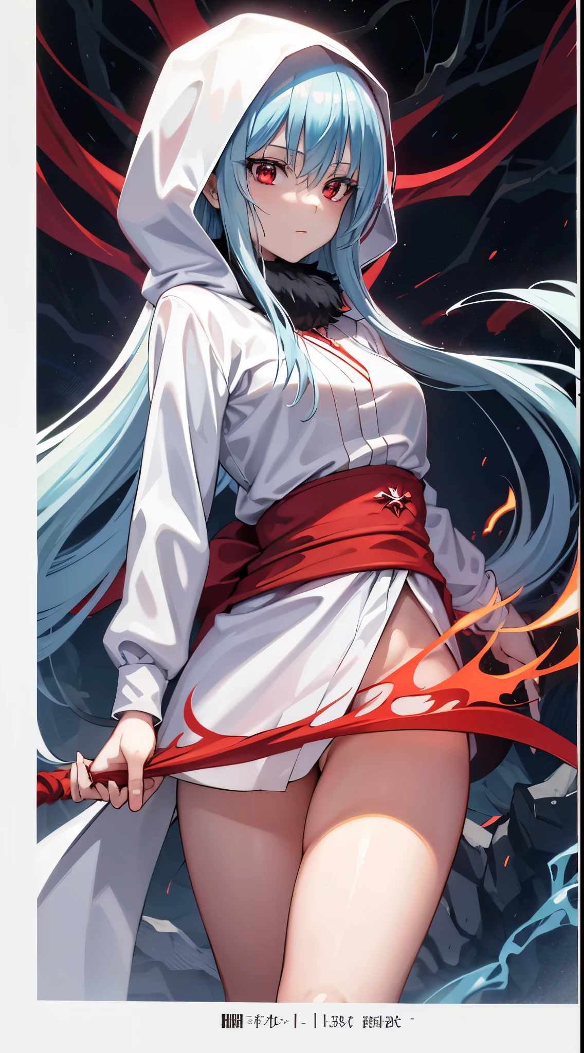 (an adult tensei shitara slime anime character) Rimuru Tempest, with prominent and piercing eyes of a (((scarlet red))), which exude an aura of cold determination and a sharp intelligence, (Hair is light blue heavenly), flowing and smooth, framing a face with delicate features and a neutral mouth, without a trace of a smile, cold smile, cold gaze, reflecting an unshakable personality and an indomitable spirit, The white hood that covers the character's head adds a touch of mystery and nobility, complementing its enigmatic and powerful presence, full-length character, in the forest, white skin