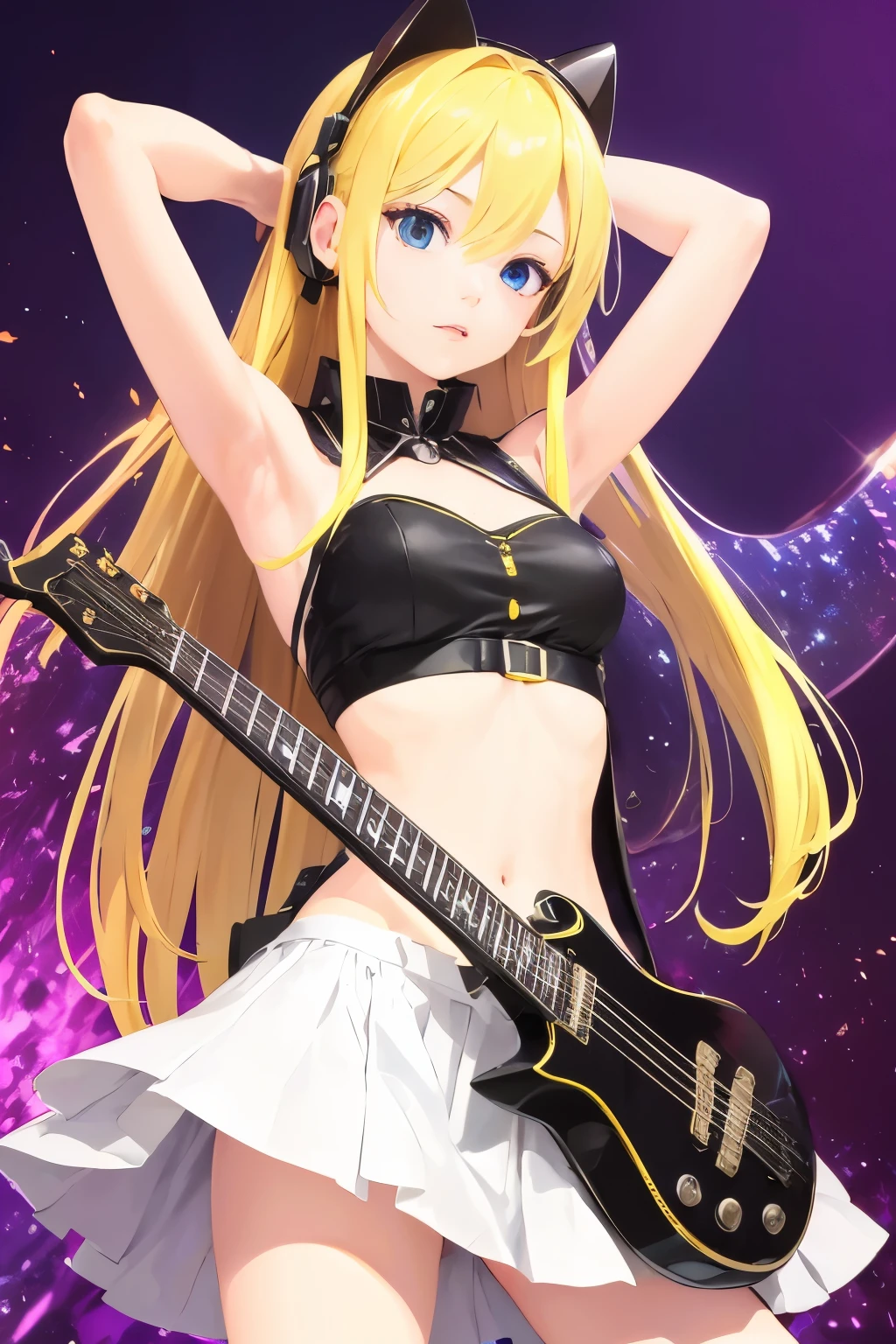 masterpiece, top quality 16k raw photo of Vocaloid3 Lily posing with guitar, blond hair blue eyes. navel look white skirt. hand behind her head.