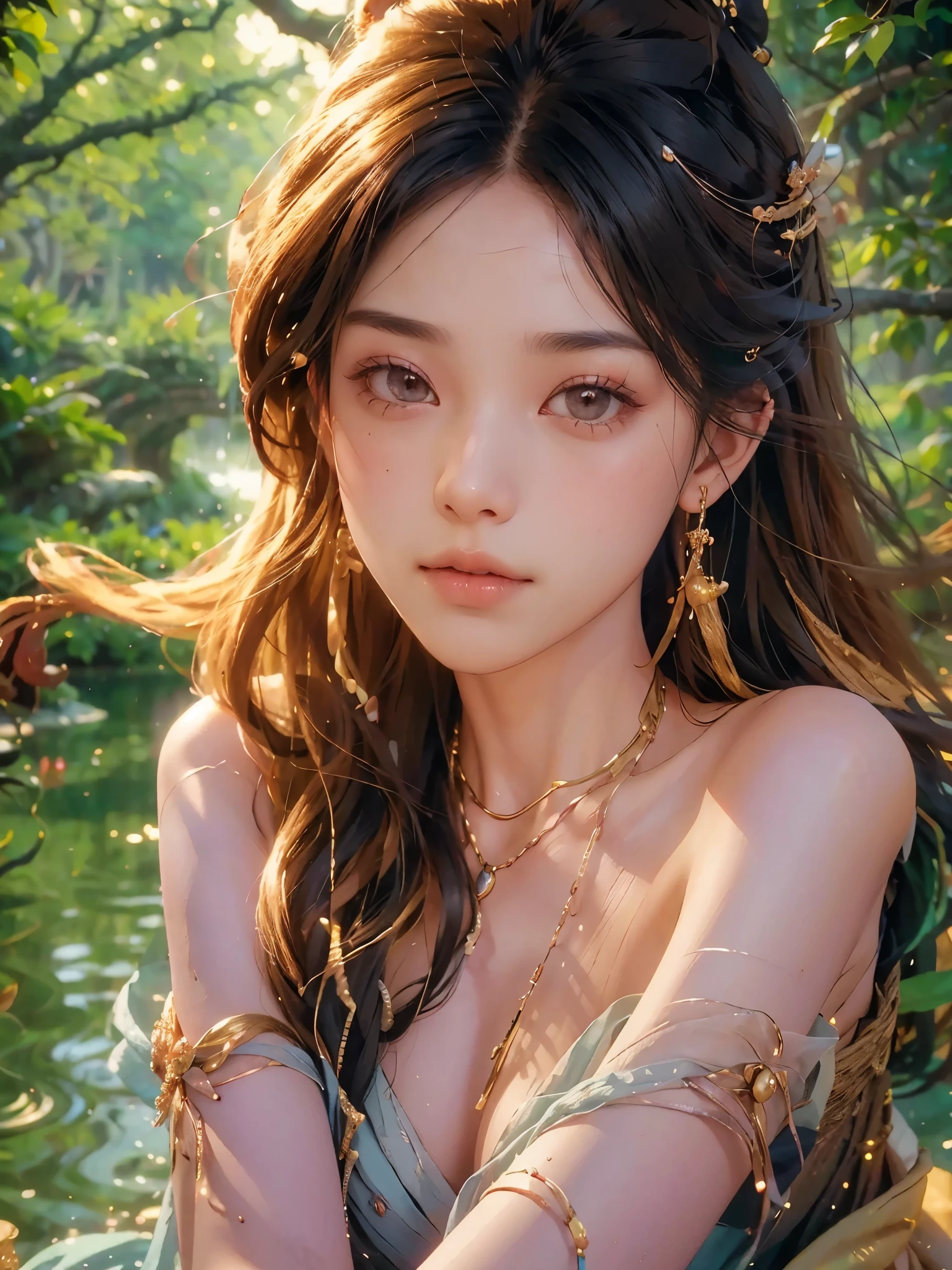 (best quality,highres:1.2),,bare skin,glowing skin,radiant complexion,flawless skin texture,natural beauty,healthy complexion,no necklace, elegance,warm skin tones,subtle blush,soft lighting