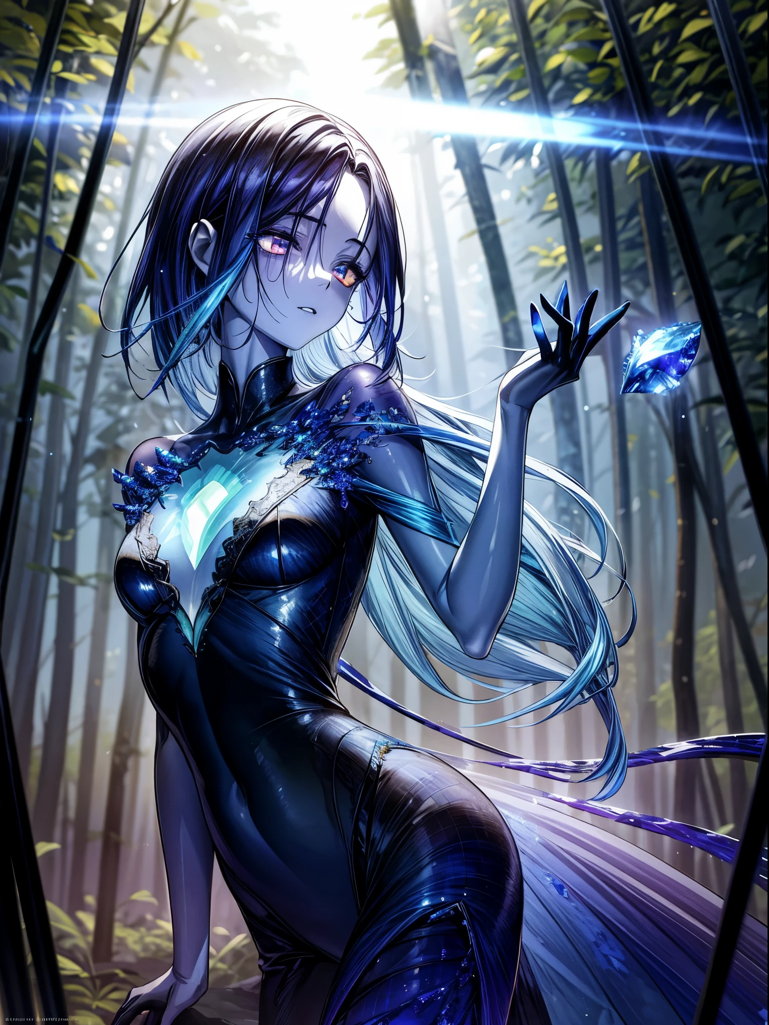 Delicate snakeskcused only, (Lamia), Stoic, monstergirl, (short and beautiful eyes, beatiful background, abandoned cottage, ln the forest, Light particles, suns rays, dramatic lights, external, grassy, foliage, Shiny (sapphires, pale-blue, Blue gradient:1.5), actual, tmasterpiece, Best quality at best, ultra - detailed, Detailed pubic hair, scenecy, 美丽细致的眼睛, morpheus