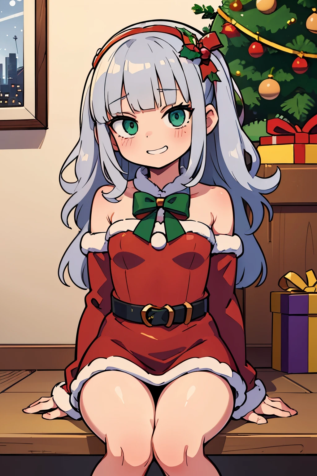 qualidade superior、Qualidade de imagem superior、obra prima、menina adolescente((Natal、santa hat、18 anos、 Idade、Melhor Busto、grande bast,Lindo apoio de olhos azul claro bem aberto, uma loira、Um esguio,Grandes vales、tingir as bochechas de vermelho、Refletindo todo o corpo、rir、sacolinha branca para presente de natal、Capa vermelha、shy face、embarrassed face、expansion,inclinando-se para a frente)),Hiqualidade、arte bonita、Antecedentes com((meu elegante quarto noturno、Vento de Natal、stove、red carpet on the floor、lareira、Christmas tree、cama vermelha、Kotatsu、presente de Natal)))、masutepiece、profundidade de campos,