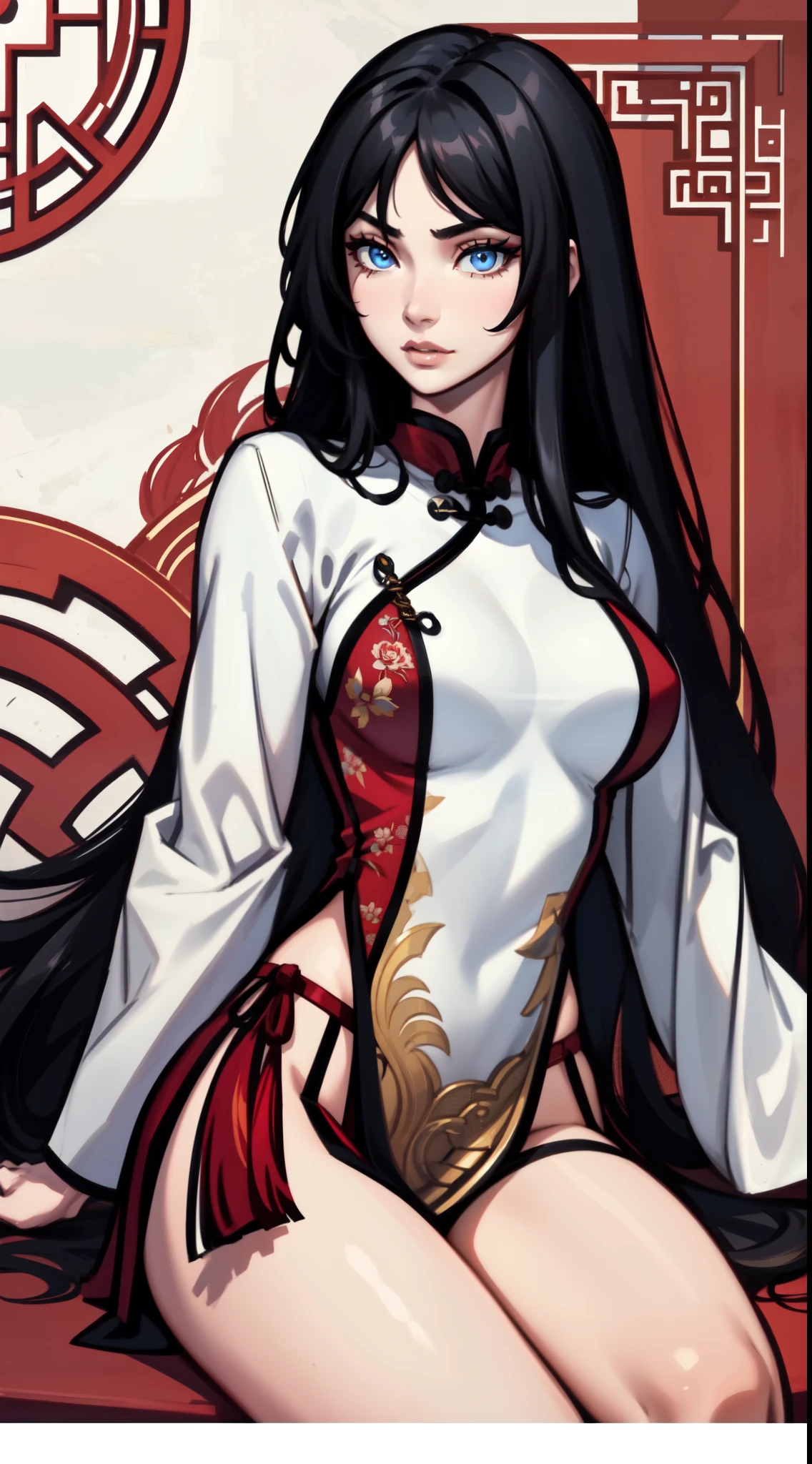 A [Chinese] female, with long dark [black] Hair, [blue] eyes, [very tall, athletic, pale skin, beautiful warrior, alluring martial artist], perfect composition, hyper-detailed, 8K, high quality, (perfect eyes), sharp focus, studio photo, intricate details, Pin-up pose
