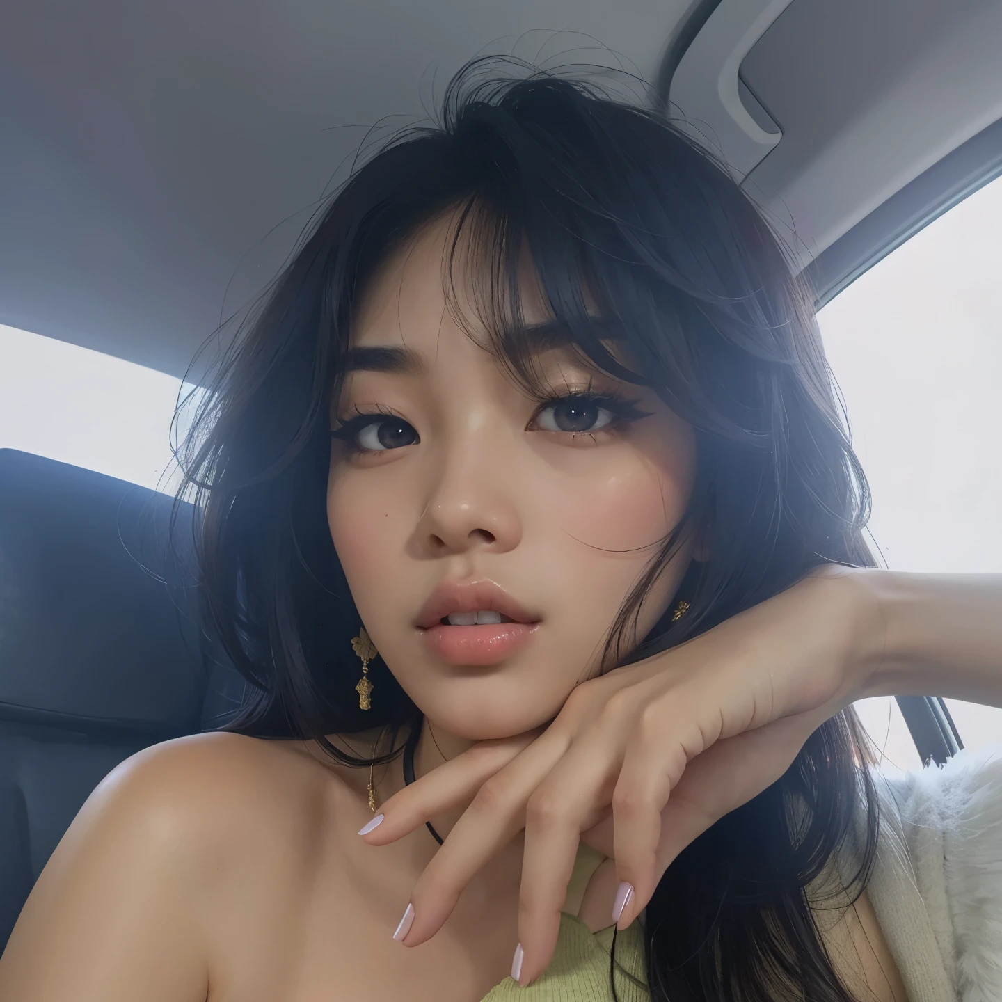 there is a woman sitting in a car with her hand on her shoulder, beautiful south Mulher coreana, Jennie Kim, gorgeous young Mulher coreana, beautiful young Mulher coreana, Ruby Jennie, Jennie BLACKPINK, Ulzzang, menina coreana, Kim Jennie, young adorable korean face, Jennie, a young asian woman, Mulher coreana, com franja