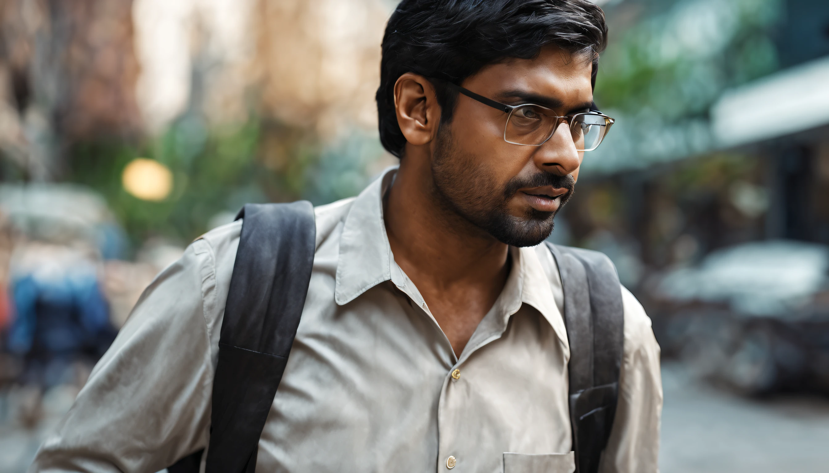 An indian it worker with sleepy eyes , tired , walking to his job with a bag on shoulder. Ultrareal, photorealism. good lighting.