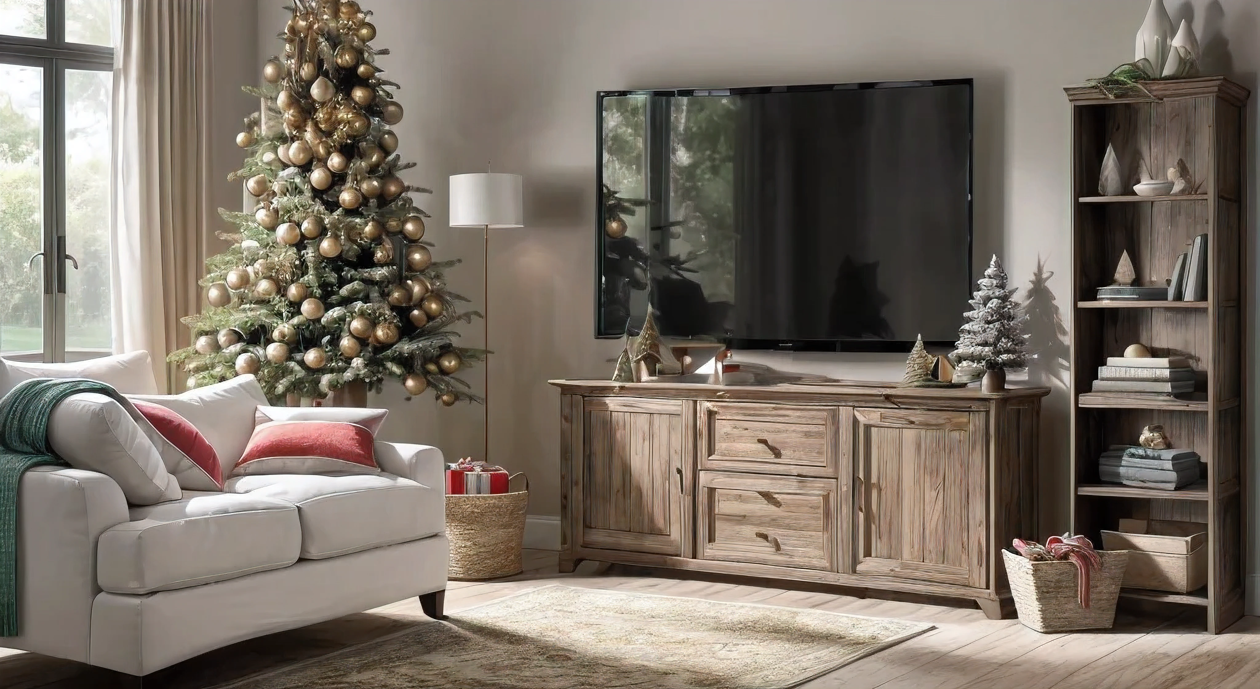 (Masterpiece in maximum 16K resolution), the best quality, (very detailed CG unity 16k wallpaper quality),Super Detailed. | Stunning reflections, the best reflections ever, (glow), (particle effects), Isometric 3D, Octane Rendering, Ray Traced,(best illustration). | Loft Style Living Room, Christmas Decorative style gorgeous, Christmas Tree, Christmas Gifts, Minimalist Decorative style, Christmas Mistletoes, Giant UHD TV, IKEA furnitures,Award winning design.