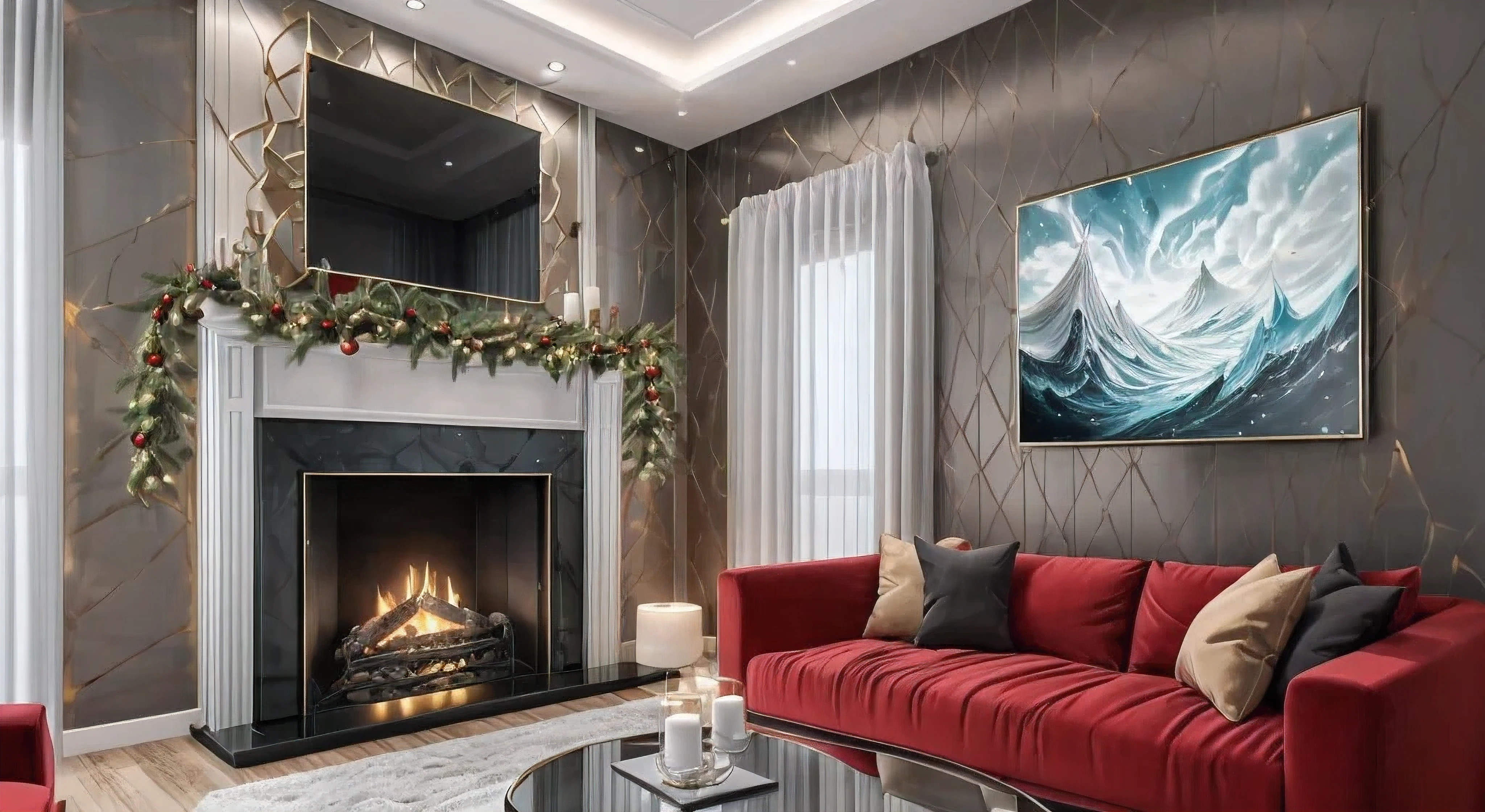 (Masterpiece in maximum 16K resolution), the best quality, (very detailed CG unity 16k wallpaper quality),Super Detailed. | Stunning reflections, the best reflections ever, (glow), (particle effects), Isometric 3D, Octane Rendering, Ray Traced,(best illustration). | Loft Style Living Room, Christmas Decorative style gorgeous, Christmas Tree, Christmas Gifts, Minimalist Decorative style, Christmas Mistletoes, Giant UHD TV, IKEA furnitures,Award winning design.