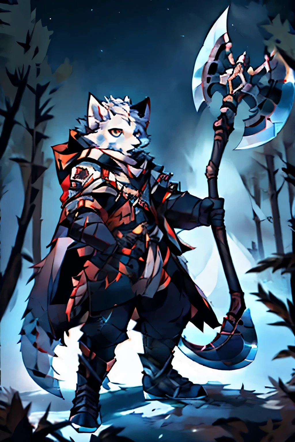 White furred wolf in dark cloak with a large axe in the woods