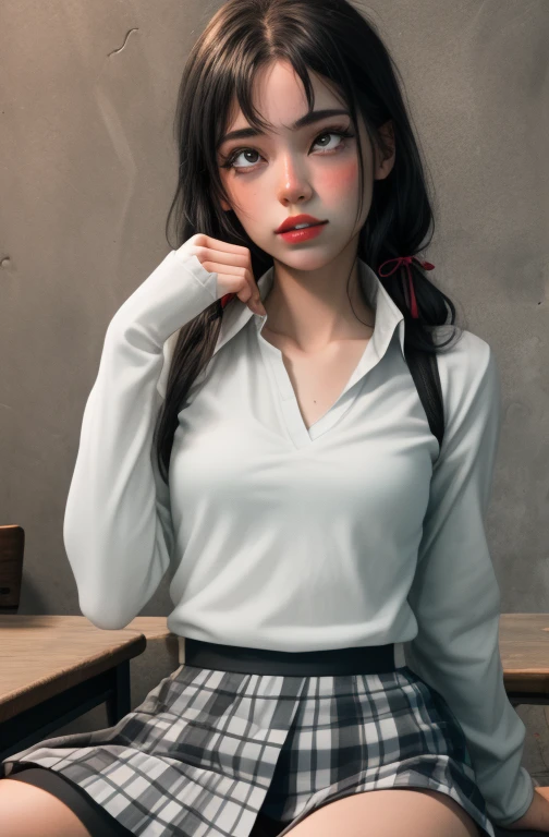 (full figure:1.1), (1 girl as yukino yukinoshita:1.5), highres, solo, big breasts, waist long black hair, (twintails:0.5), (pleated school miniskirt:1.5), (black knee socks:1.2), (loose red ribbon:1.2), (cotton skirt:1.5), (unbuttoned white shirt:1.4), (ahegao:1.5), green eyes, (rolling eyes:1.5), (torn clothes:1.5), naked breastss, spread legs, (squatting:1.1), legs wide open
