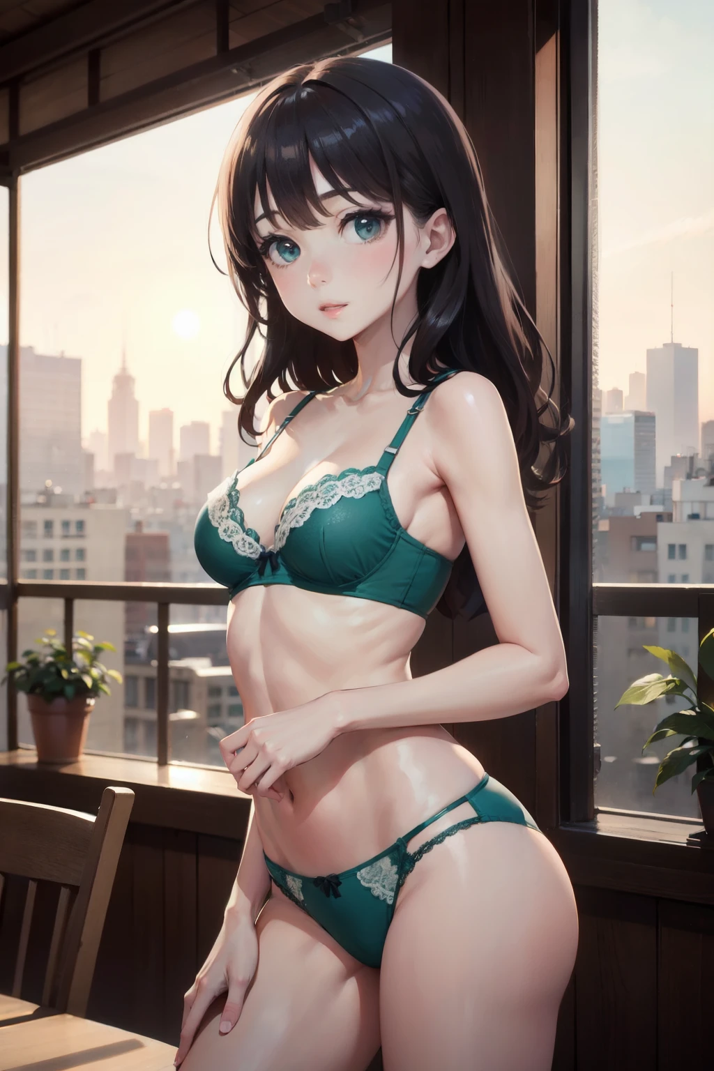 top-quality、lighting like a movie、sister 1、wear green bra and green panties、small tits、Small body、tiny chest、verandah、the morning sun、A city scape、