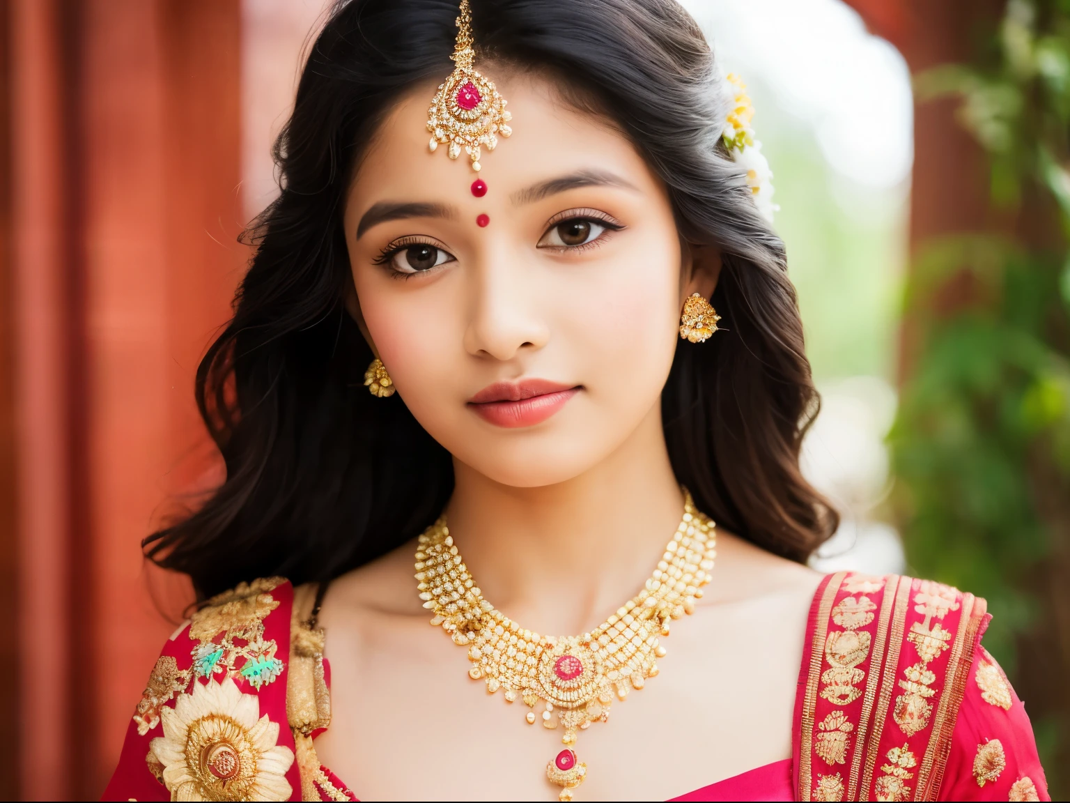 A girl adorned in traditional Indian attire. Indian wedding photoshoot. ((Perfect face))
