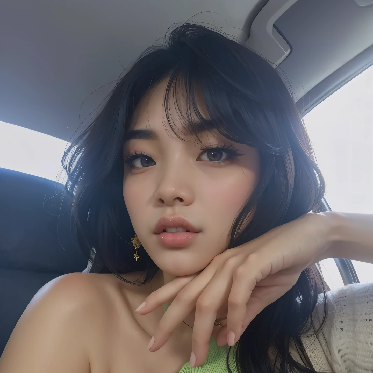 there is a woman sitting in a car with her hand on her shoulder, beautiful south Mulher coreana, Jennie Kim, gorgeous young Mulher coreana, beautiful young Mulher coreana, Ruby Jennie, Jennie BLACKPINK, Ulzzang, menina coreana, Kim Jennie, young adorable korean face, Jennie, a young asian woman, Mulher coreana, com franja