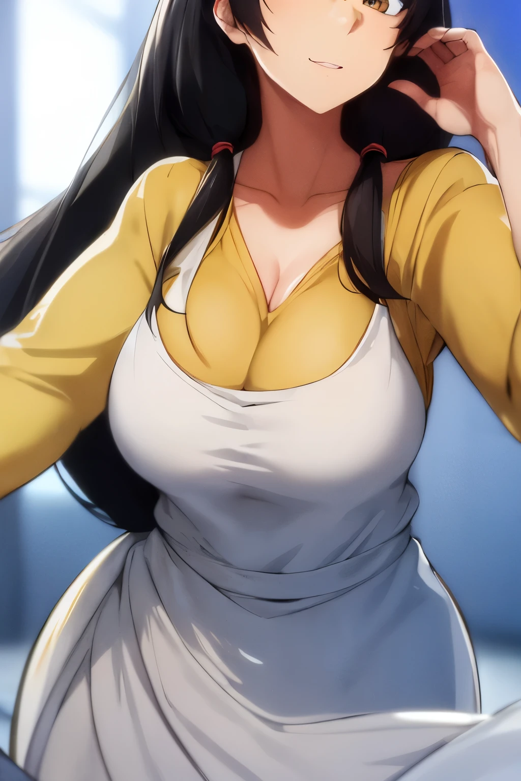 (day:1.7), a city with a lot of buildings and a sky background with clouds in the background and a blue sky, architecture,
Standing at attention, at the roof,
Yellow Shirt,cleavage, collarbone, long sleeves,White apron,
black Hair,  brown eyes, Bangs, single braid, 
1 girl, 20yo,Young female,Beautiful Finger,Beautiful long legs,Beautiful body,Beautiful Nose,Beautiful character design, perfect eyes, perfect face,expressive eyes,
looking at viewer, in the center of the image,(Upper_body),(close-Up),(Focus on her face),
official art,extremely detailed CG unity 8k wallpaper, perfect lighting,Colorful, Bright_Front_face_Lighting,shiny skin, 
(masterpiece:1.0),(best_quality:1.0), ultra high res,4K,ultra-detailed,
photography, 8K, HDR, highres, absurdres:1.2, Kodak portra 400, film grain, blurry background, bokeh:1.2, lens flare, (vibrant_color:1.2)
(Beautiful,large_Breasts:1.4), (beautiful_face:1.5),(narrow_waist),