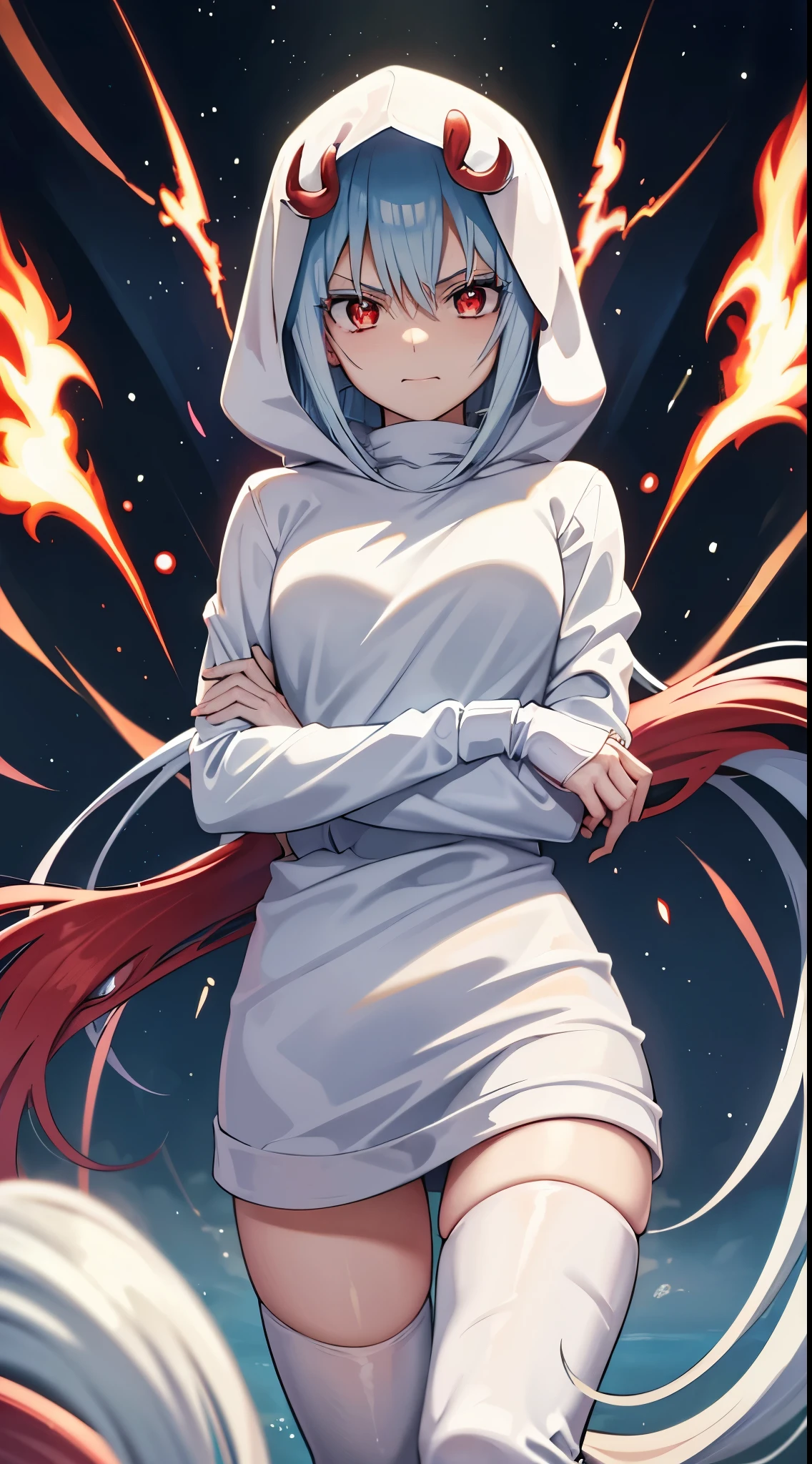 (an adult tensei shitara slime anime character) Rimuru Tempest, with prominent and piercing eyes of a (((scarlet red))), which exude an aura of cold determination and a sharp intelligence, (Hair is light blue heavenly), flowing and smooth, framing a face with delicate features and a neutral mouth, without a trace of a smile, cold smile, cold gaze, reflecting an unshakable personality and an indomitable spirit, The white hood that covers the character's head adds a touch of mystery and nobility, complementing its enigmatic and powerful presence, full-length character, in the forest, white skin