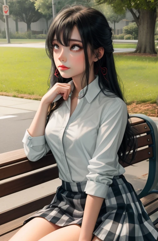 (full figure:1.1), (1 girl as yukino yukinoshita:1.5), highres, solo, big breasts, waist long black hair, (twintails:0.5), (pleated school miniskirt:1.5), (black knee socks:1.2), (loose red ribbon:1.2), (cotton skirt:1.5), (unbuttoned white shirt:1.4), (ahegao:1.5), green eyes, (rolling eyes:1.5), (torn clothes:1.5), naked breastss, spread legs, (lying on a bench:1.1), legs wide open