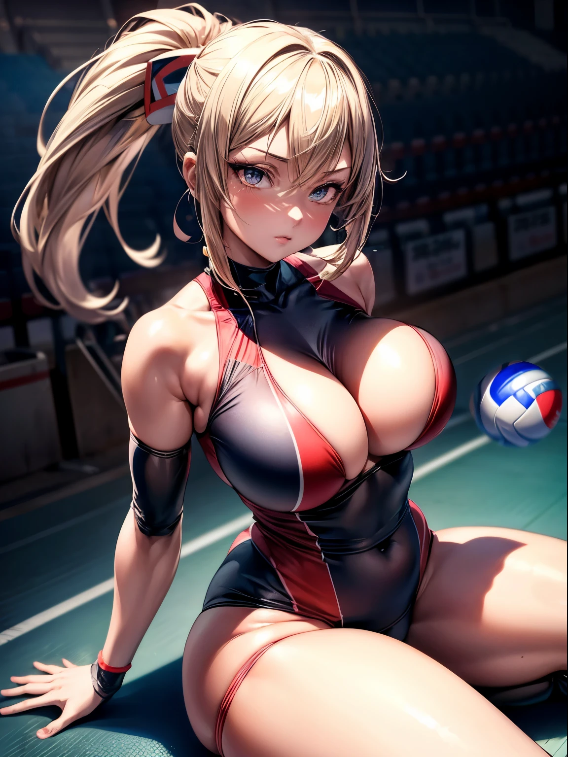 (Best Quality, masutepiece),ultra detailed photographic,1girl in, female volleyball player ,Large breasts,nice legs,At the volleyball venue,Detailed beautiful face,Beautiful eyes,detailed hairs,detailed  clothes,Detailed realistic skin,Cool,Dynamic Angle,