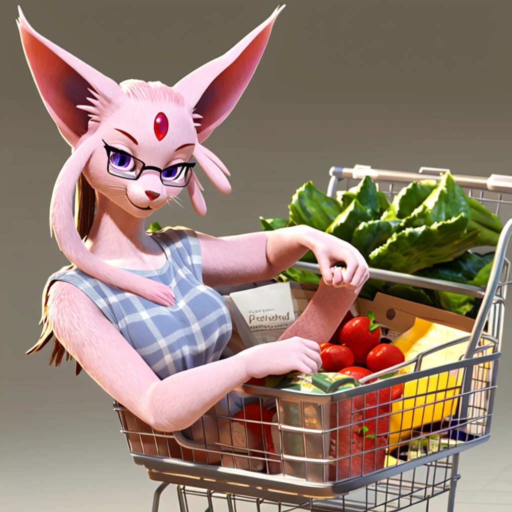((best quality)), ((masterpiece)), (detailed), perfect face, solo, anthro, mammal, , long hair, 3d (artwork), female, grey background, clothing, hi res, fur, background, clothed, digital media (artwork), whiskers, espeon, smile, portrait, glasses, grocery shopping, cart
