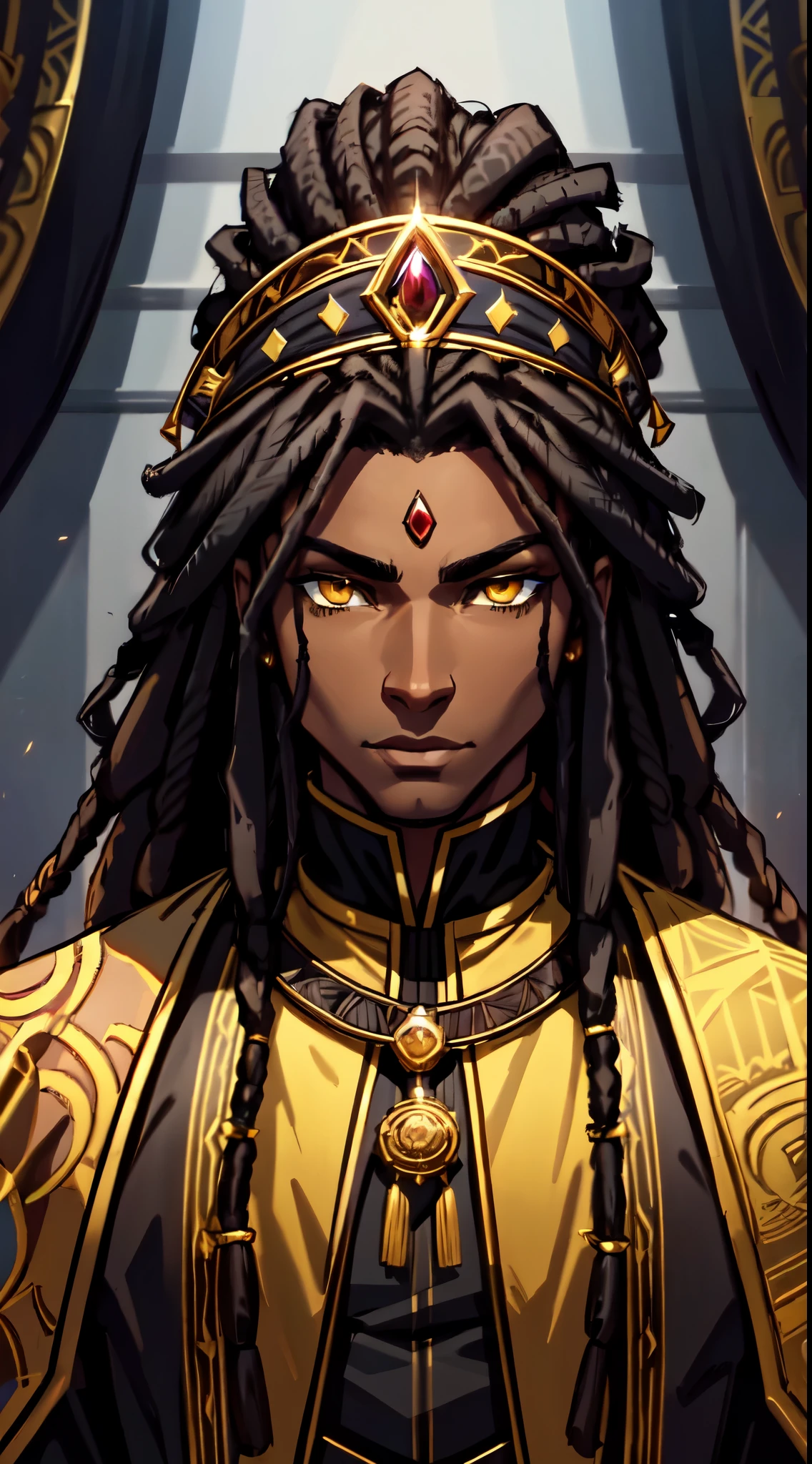 An (African-American) male, with dark black (dreadlocks), yellow eyes, dark (brown skin), (regal assassin), royal garb, demon prince, close-up shot, perfect composition, hyper-detailed, 8K, high quality, (perfect eyes), trending art, sharp focus, studio photo, intricate details, action pose