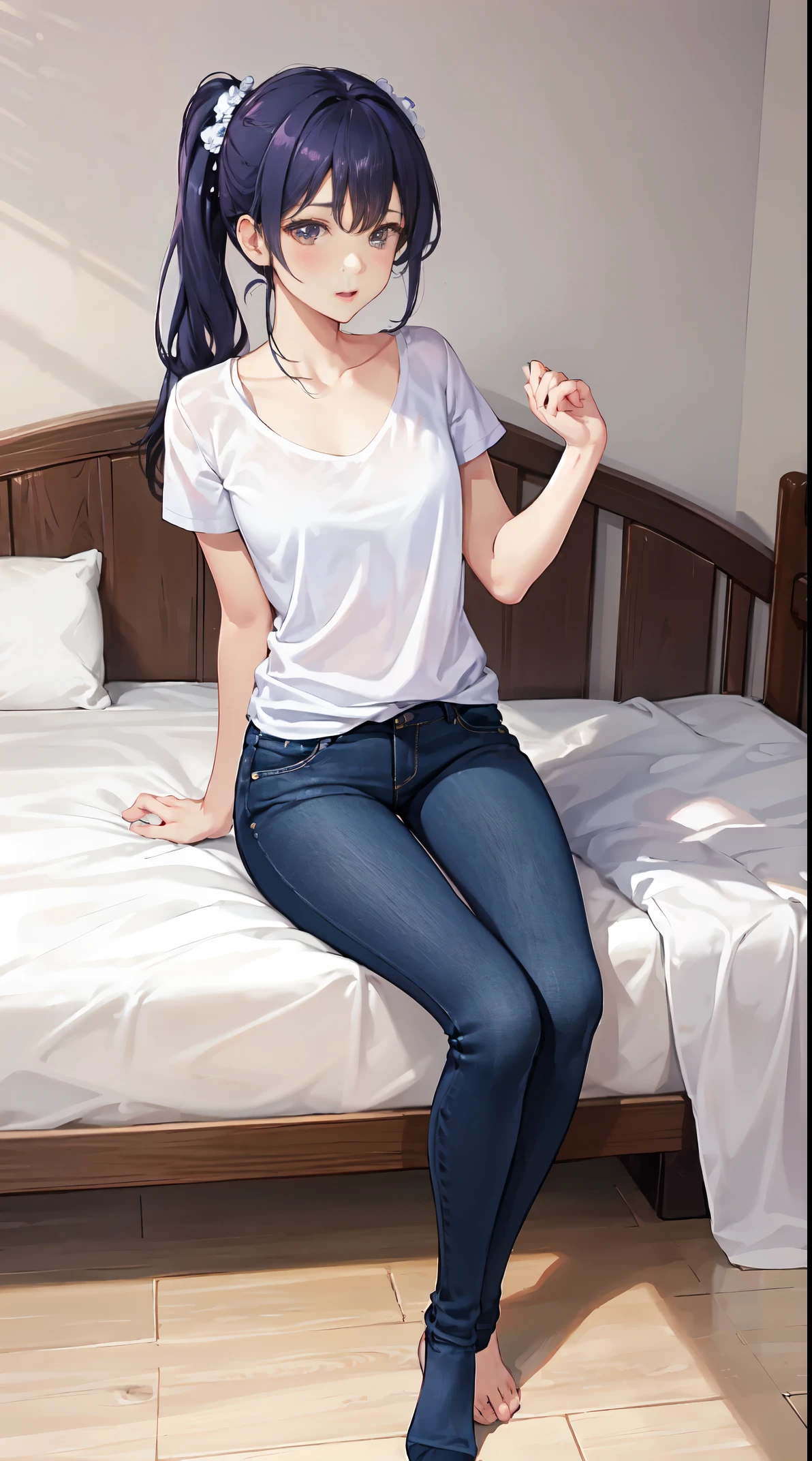 4k高清,1个Giant Breast Girl, 独奏, Ropa Blanca, United States,wear tight jeans,sit on a bed,Perfect big breasts,Perfect hands,Horsetail hair