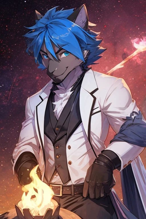 Crow , Humanoid , Blue highlight , Furry , Male , White Suit , Young , Black Gloves . Blue Hair , Raven . 5 finger