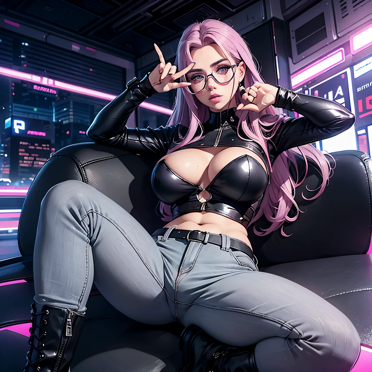 Mulher caucasiana. Cabelo loiro longo rabo de cavalo. Making a victory sign. Rosto da atriz Scarlett Johansson. grey pants. Botas violetas cano longo. Luvas violetas cano longo. Camisa high tech preta com detalhes violetas. Pink mirrored glasses. futuristic city scenery