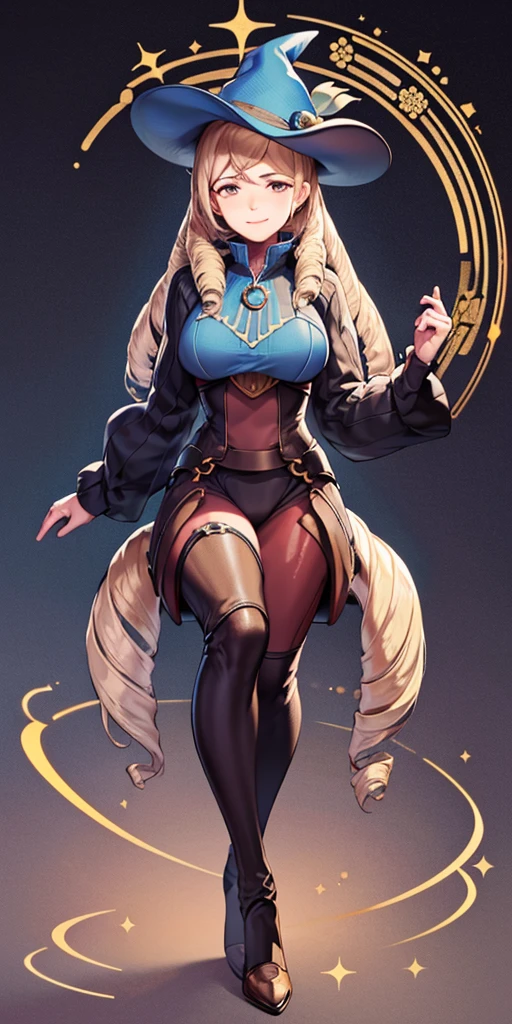 (4k, Prominence in Masterpiece, High Quality, Best Quality: 1.2) full body, 1  female, solo, 1 girl, lustful smirking smile blush, looking at viewer, sitting on chair with legs crossed, big black thighs stocking, big breasts (cover with blue) ((SFW)), hands on hips, wide hips, blonde long hair, blonde drill hair, blonde twin drills hair, blue wizard hat, Handcuffs on their hands, With a collar around the neck