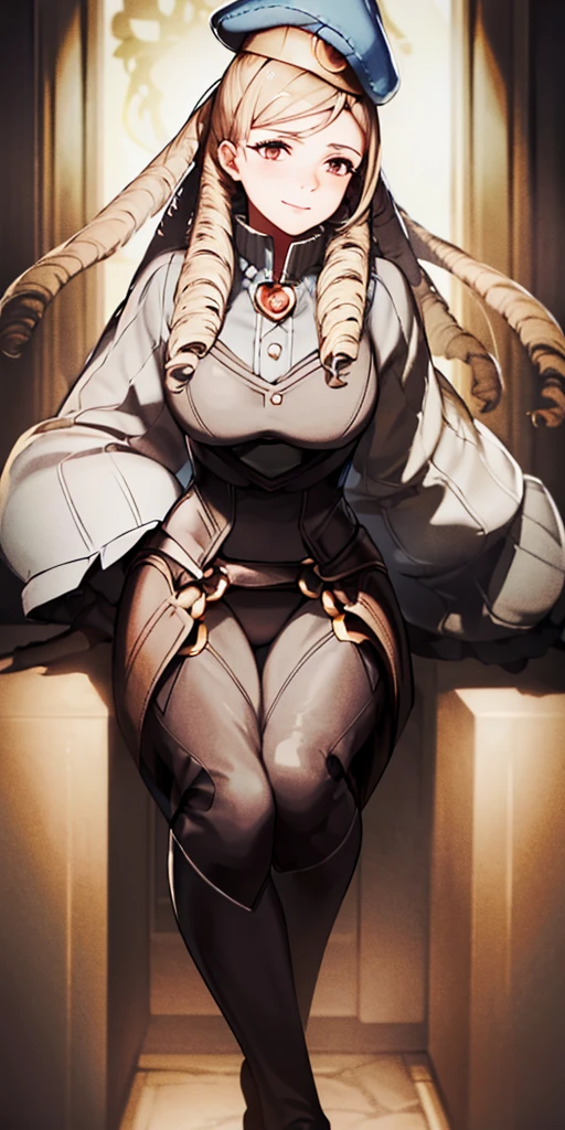 (4k, Prominence in Masterpiece, High Quality, Best Quality: 1.2) full body, 1  female, solo, 1 girl, lustful smirking smile blush, looking at viewer, sitting on chair with legs crossed, big black thighs stocking, big breasts (cover with blue) ((SFW)), hands on hips, wide hips, blonde long hair, blonde drill hair, blonde twin drills hair, blue wizard hat, Handcuffs on their hands, With a collar around the neck