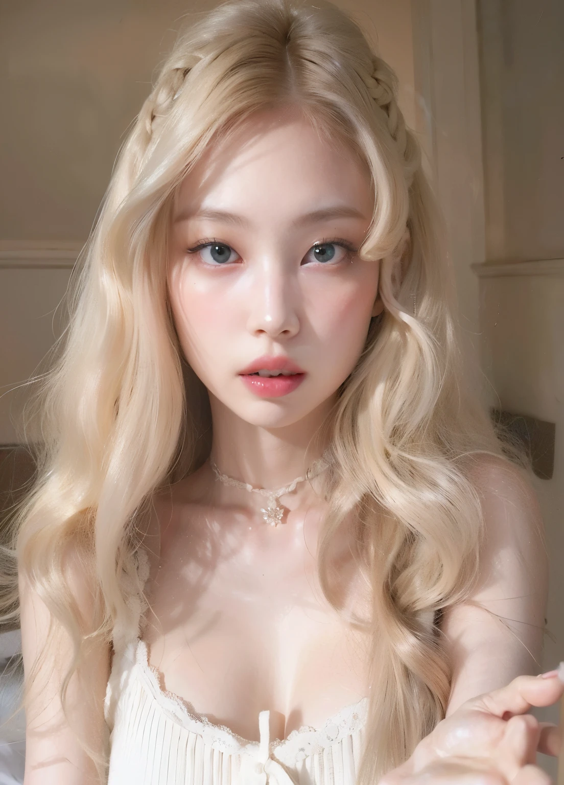 Mujer rubia con pelo largo y un vestido blanco posando para una foto., pale skin curly blond hair, Retrato de Kim Petras, pale fair skin!!, (12x) extremely pale white skin, very very pale white skin, very very very pale white skin, with pale skin, Cabello largo y rubio y ojos grandes, very pale white skin, extremely pale white skin