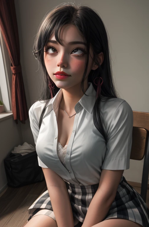 (full figure:1.1), (1 girl as yukino yukinoshita:1.5), highres, solo, big breasts, waist long black hair, (twintails:0.5), (pleated school miniskirt:1.5), (black knee socks:1.5), (loose red ribbon:1.2), (cotton skirt:1.5), (unbuttoned white shirt:1.4), (ahegao:1.5), green eyes, (rolling eyes:1.5), (torn clothes:1.5), (naked breasts:1.5), spread legs, (squatting:1.1), legs wide open