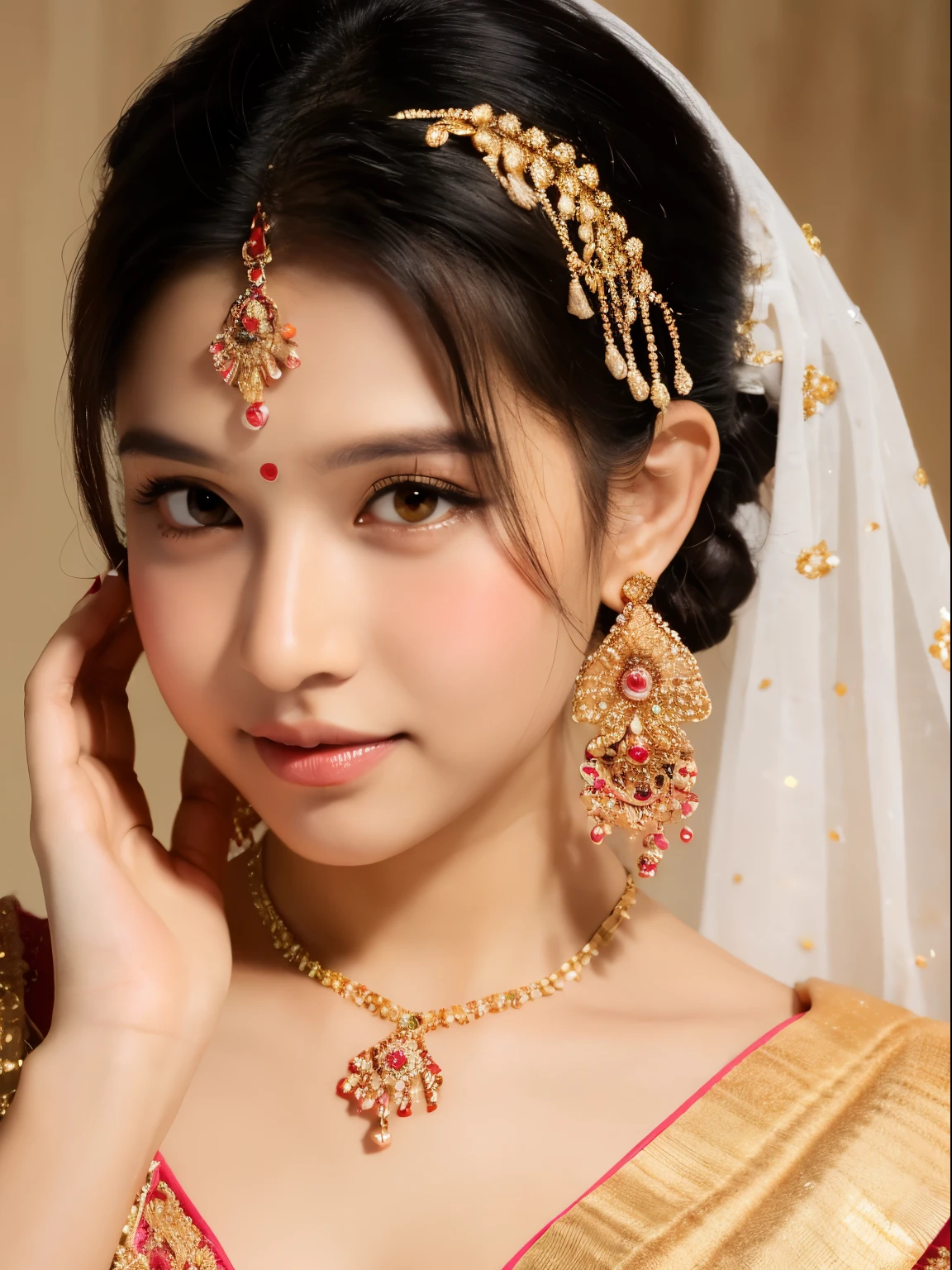 A girl adorned in traditional Indian attire. Indian wedding photoshoot. ((Perfect face))
