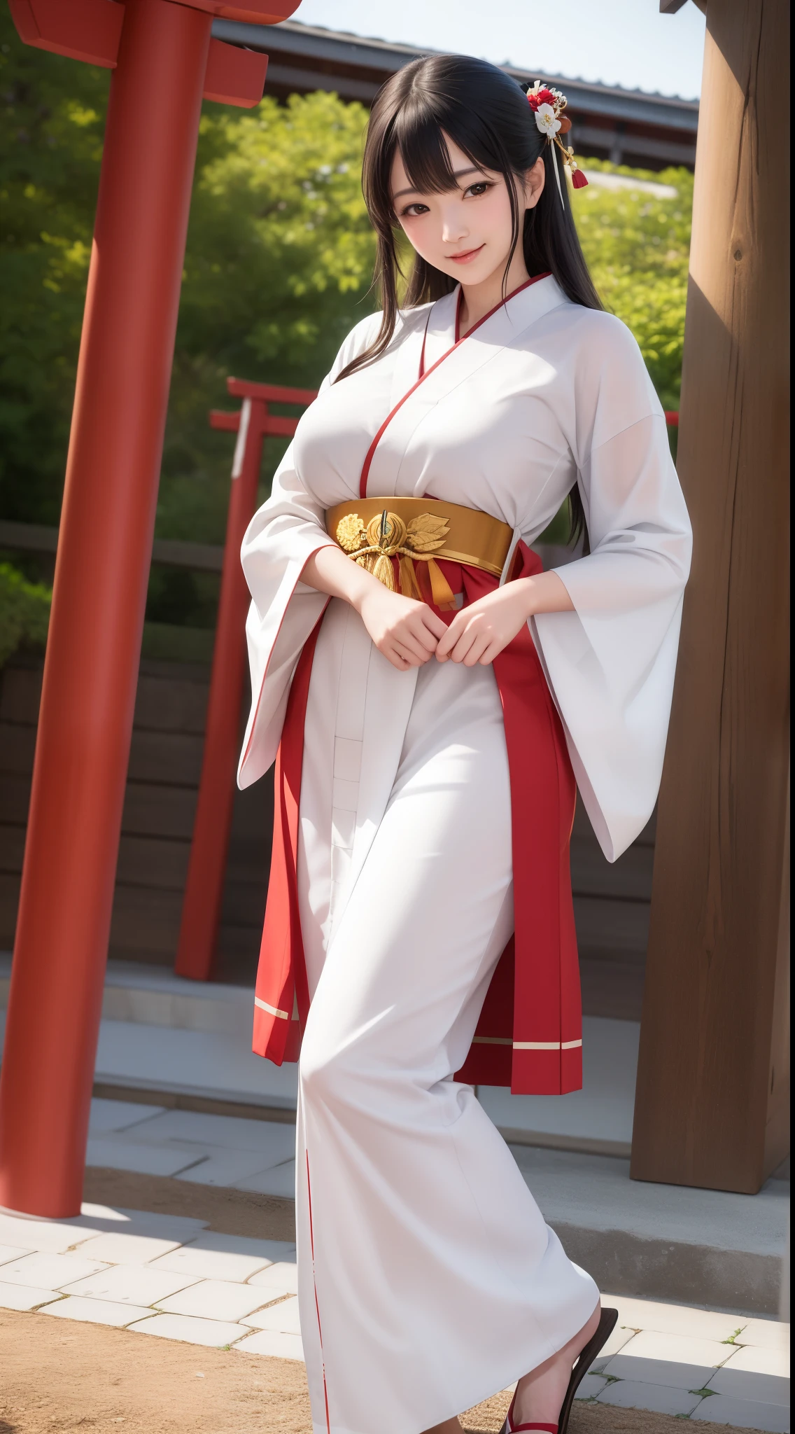 In the serene embrace of a Japanese Shinto shrine, behold a photo of a beautiful miko. Dressed in traditional robes adorned with sacred symbols, she carries an air of reverence and grace. With a gentle smile, she performs sacred rituals, embodying the spirit of the shrine's ancient traditions. (Serene, Sacred, Graceful), (Traditional miko attire:1.3), (Intricate details:1.2), (Photorealistic:1.2), (Reverent, Tranquil, Spiritually-connected), inspired by the timeless art of Utagawa Hiroshige and the spiritual essence of Shinto practices, smile, big breasts,