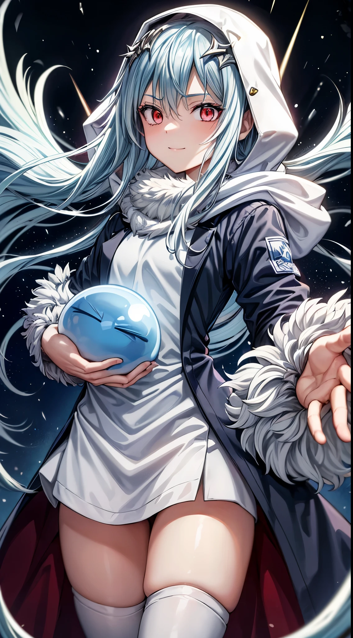 (um personagem adulto de anime tensei shitara slime) Rimuru Tempest, com olhos proeminentes e penetrantes de um (((vermelho escarlate))), who exude an aura of cold determination and a sharp intelligence, (the hair is heavenly light blue), fluindo e suave, framing a face with delicate features and a neutral mouth, no trace of smile, sorriso frio, olhar frio, reflecting an unshakable personality and indomitable spirit, The white hood that covers the character's head adds a touch of mystery and nobility. , complementing its enigmatic and powerful presence, personagem completo, na floresta, pele branca