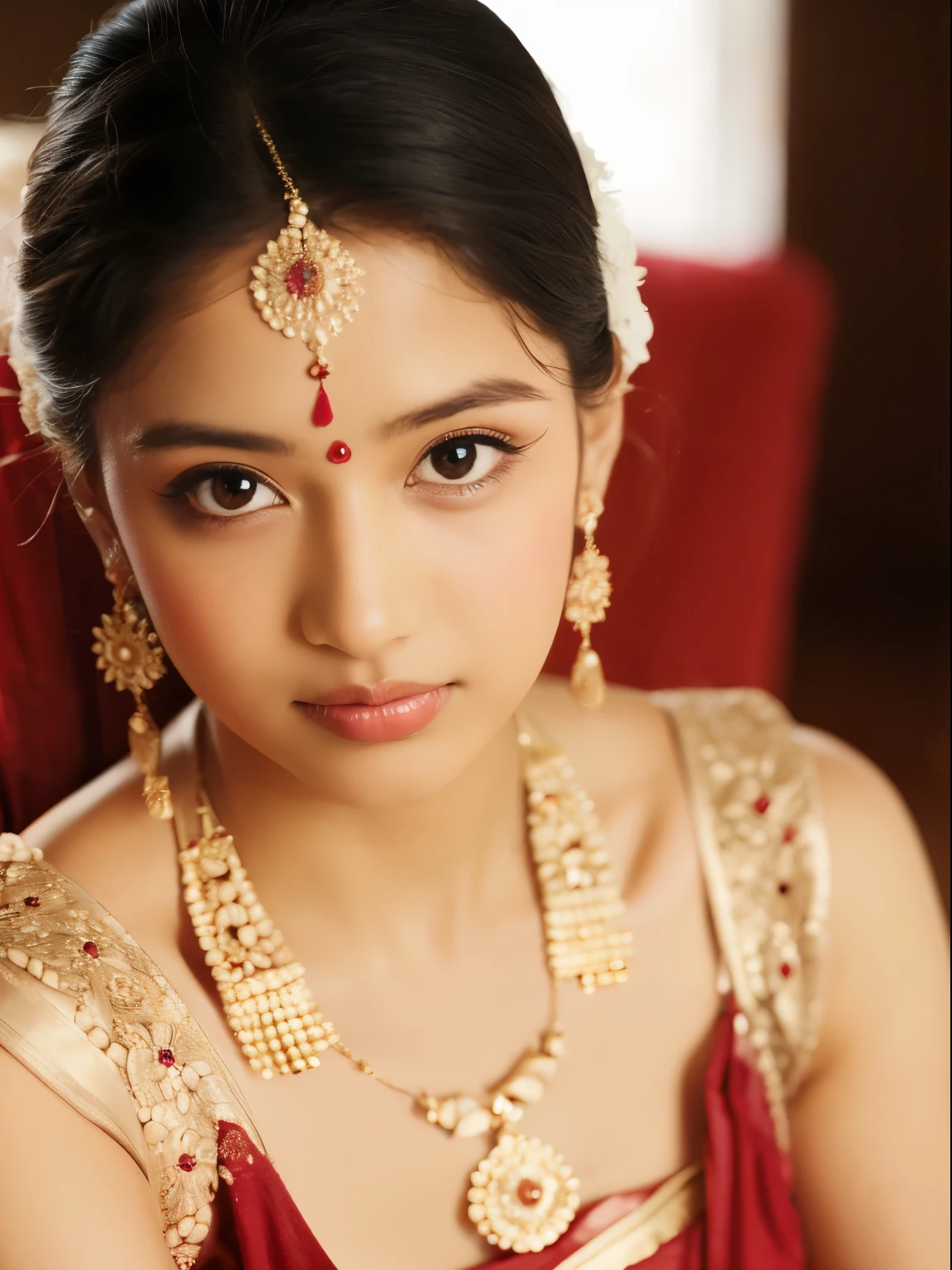 A girl adorned in traditional Indian attire. Indian wedding photoshoot. ((Perfect face))