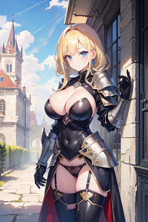 a beauty girl，cabellos largos dorados，blonde with blue eyes，(ssmile)，European medieval castles，palaces，Wear gorgeous armor，(black armor)，Armor，((Condom in hand))，Shoulder pads，Armour，chest plate，Leg nails，(Royal Knights)，(huge tit)，(black lence stockings)，((Pubic bone))，(Defeat)，((Broken armor))，((Damaged clothes))，cleavage，((Petite body))，(Type of )，twogirls，Raped by a woman,