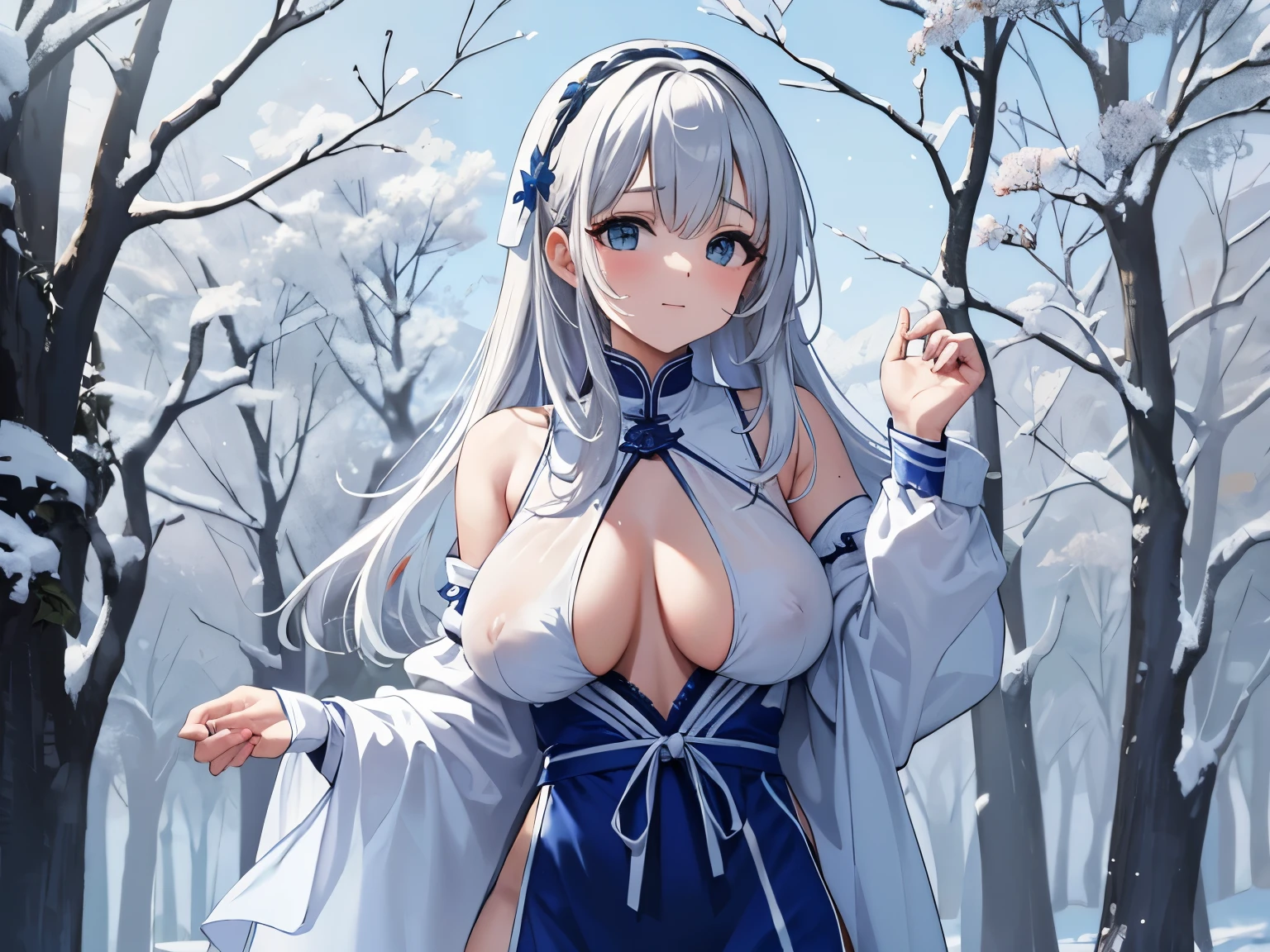 sagging breasts, A pornographic hot , sweating, suado, Peitos grandes e flacidos, pele clara, Dwarf, Perturbado, corar, roupas usando um cheongsam curto azul branco, see thru, tight panties, cabelos pretos,doloroso, Olhos grandes, raise your arms、sorriso miscievous、coxas coxas coxas coxas coxas、de quatro、Pose da pata, NSFW:2.0, De fundo uma floresta nevada, tranquila e encantada, revela uma paisagem de conto de fadas. The ground is a carpet of soft snow, the bare tree branches hold delicate snowflakes, e os pinheiros curvam-se sob o peso da neve. The fresh air is interrupted only by the gentle murmur of the wind. The color palette is muted, dominada por branco e azul. Each element contributes to creating an icy and magical setting, onde a floresta parece aguardar pacientemente a chegada da primavera.