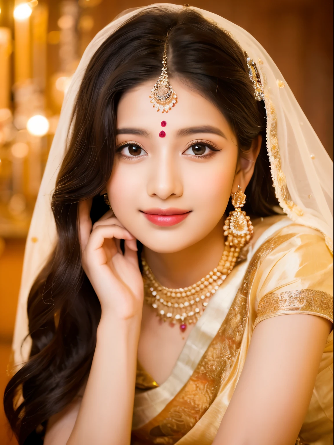 A girl adorned in traditional Indian attire. Indian wedding photoshoot. ((Perfect face)), subject is in middle of the frame